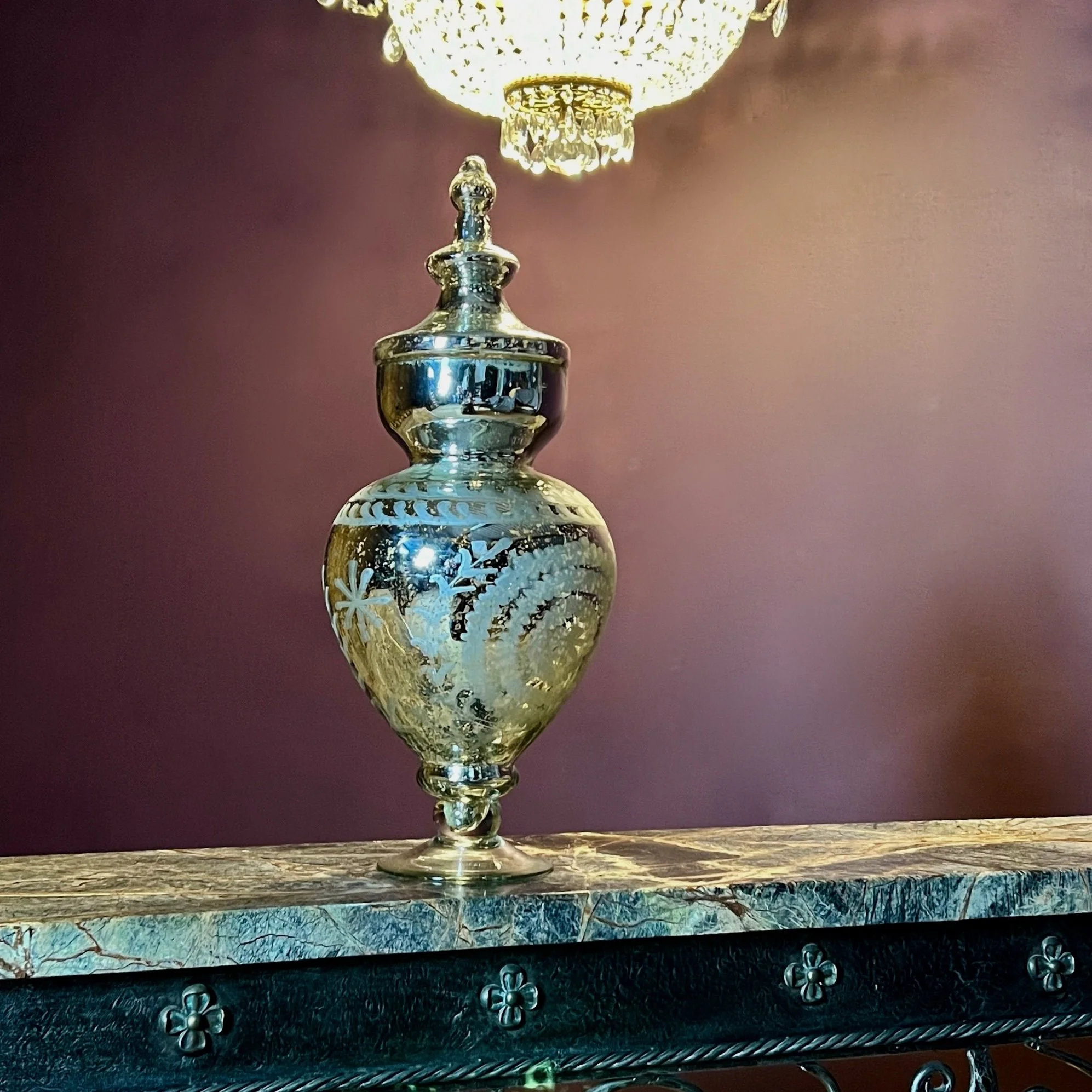 Large partially mirrored glass decorative urn