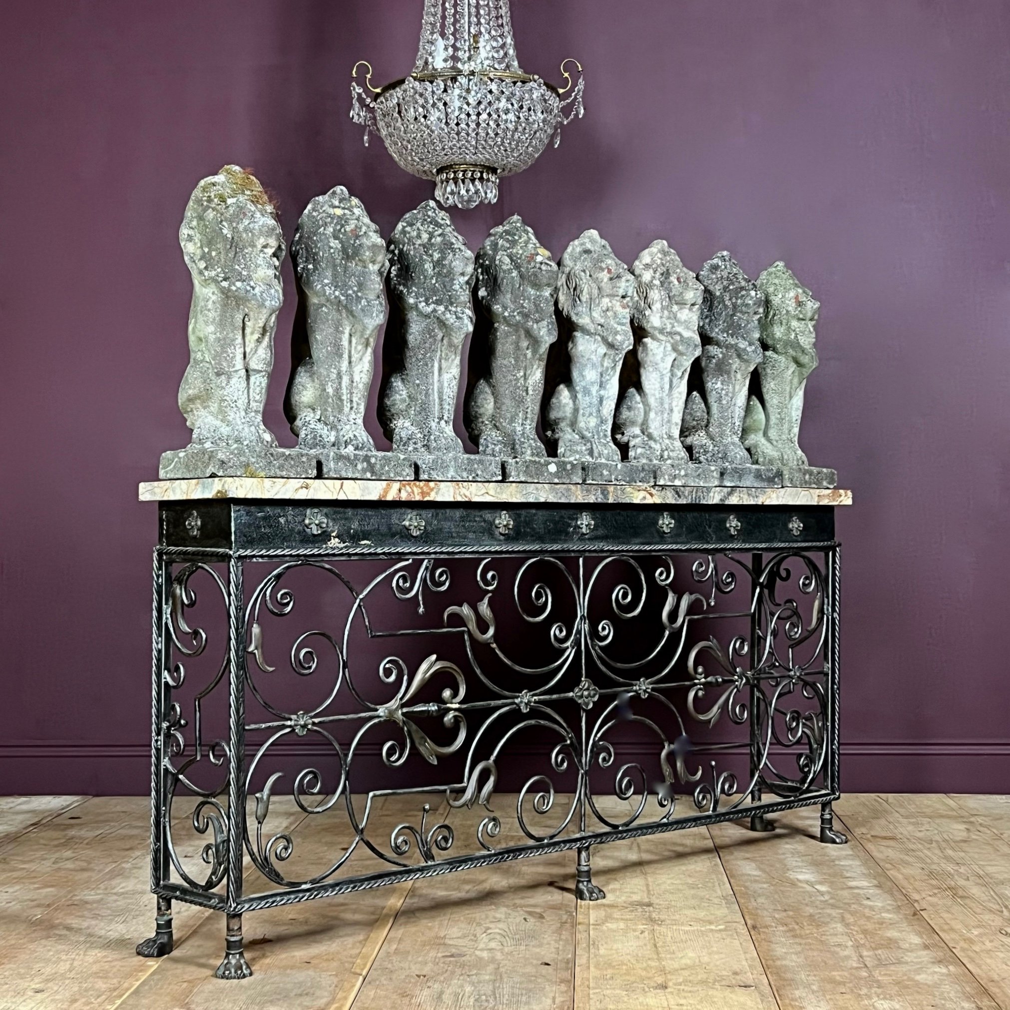 Fine set of eight reconstituted stone seated lions