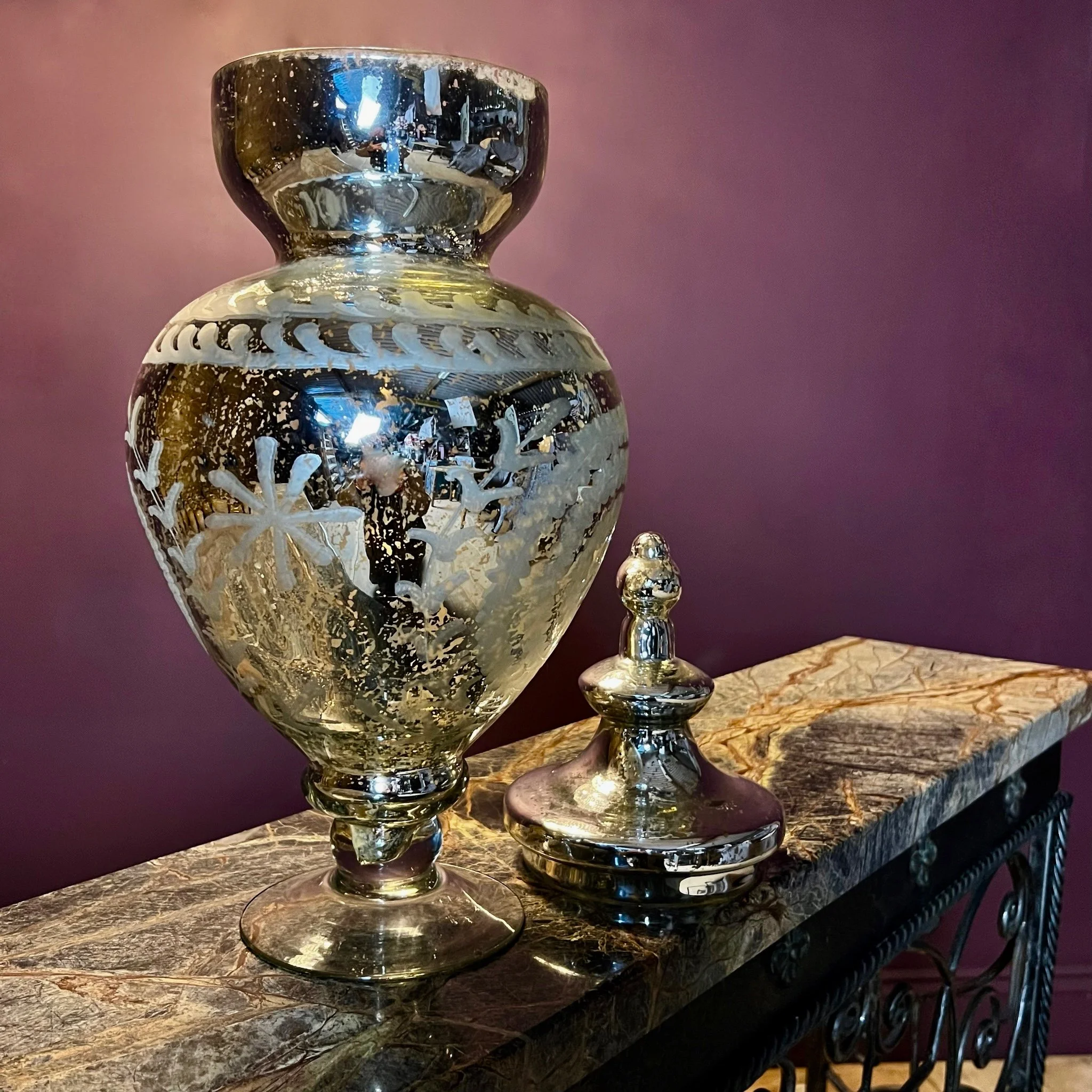 Large partially mirrored glass decorative urn