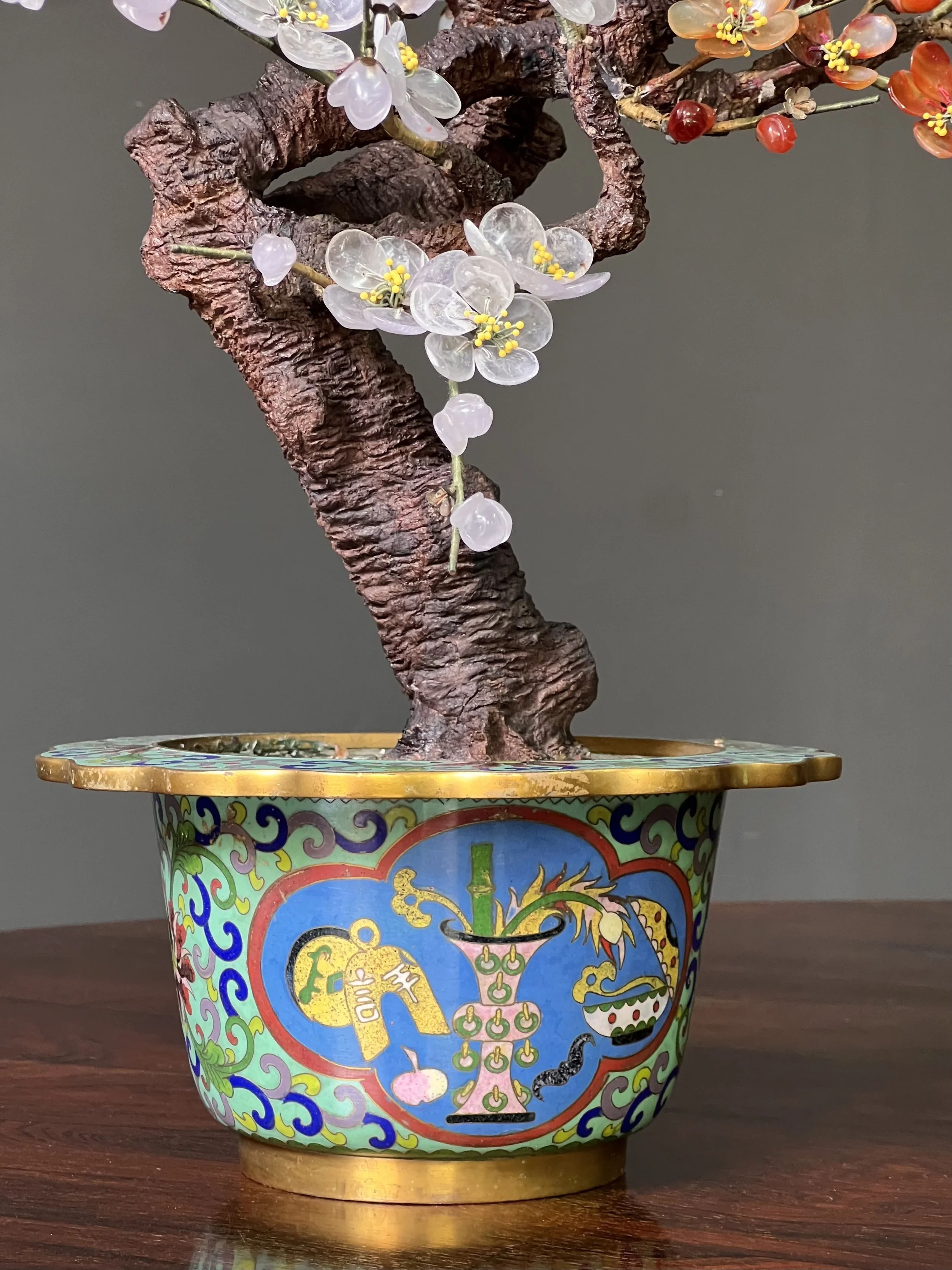 Pair of Antique Chinese Hardstone and Cloisonné Prunus Bonsai Trees