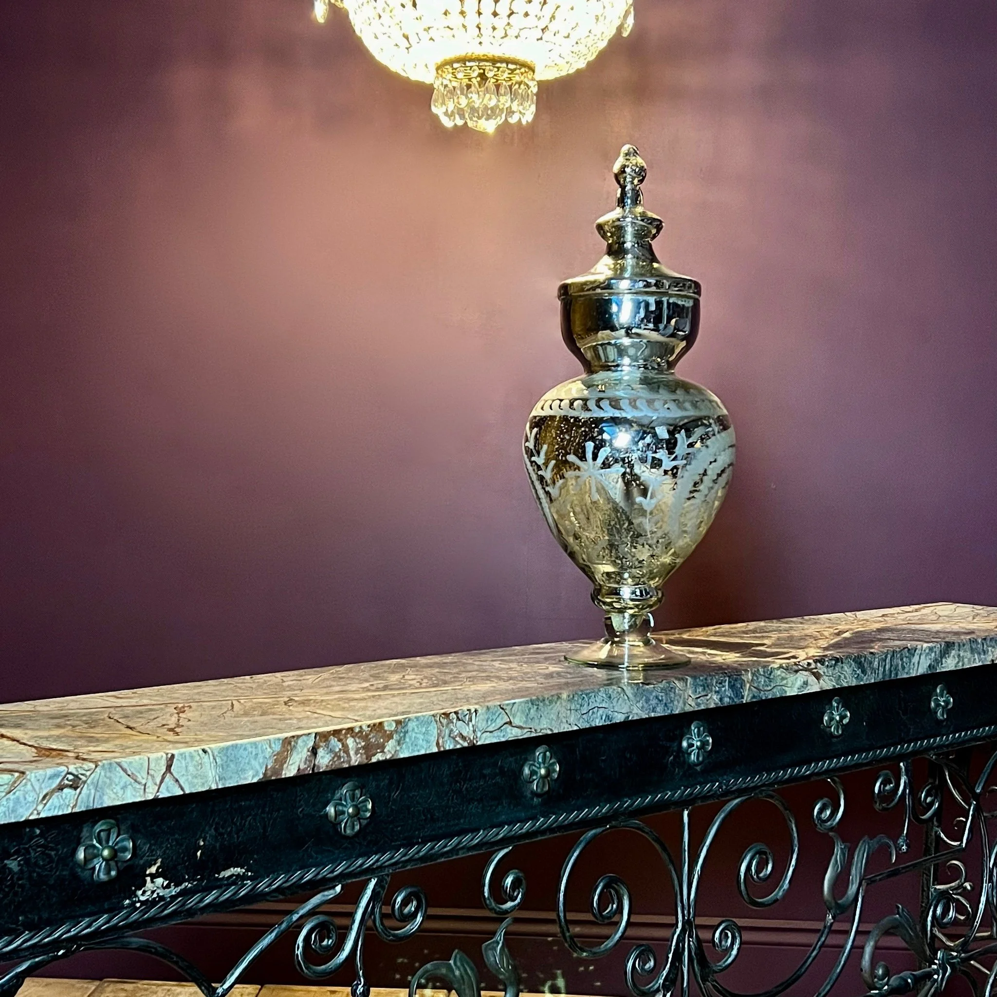 Large partially mirrored glass decorative urn