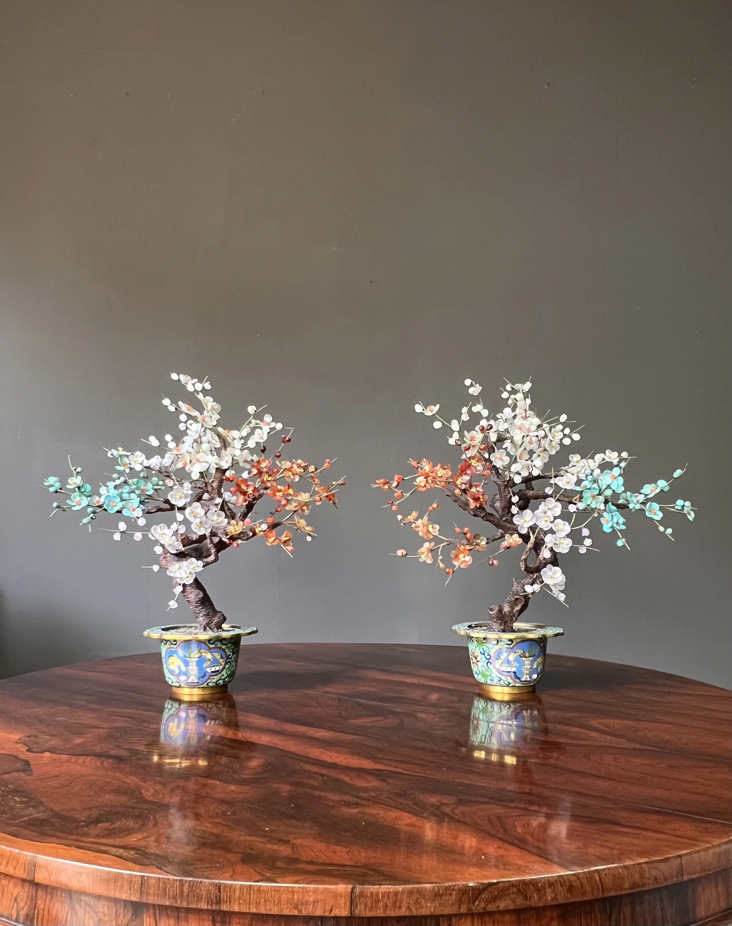 Pair of Antique Chinese Hardstone and Cloisonné Prunus Bonsai Trees