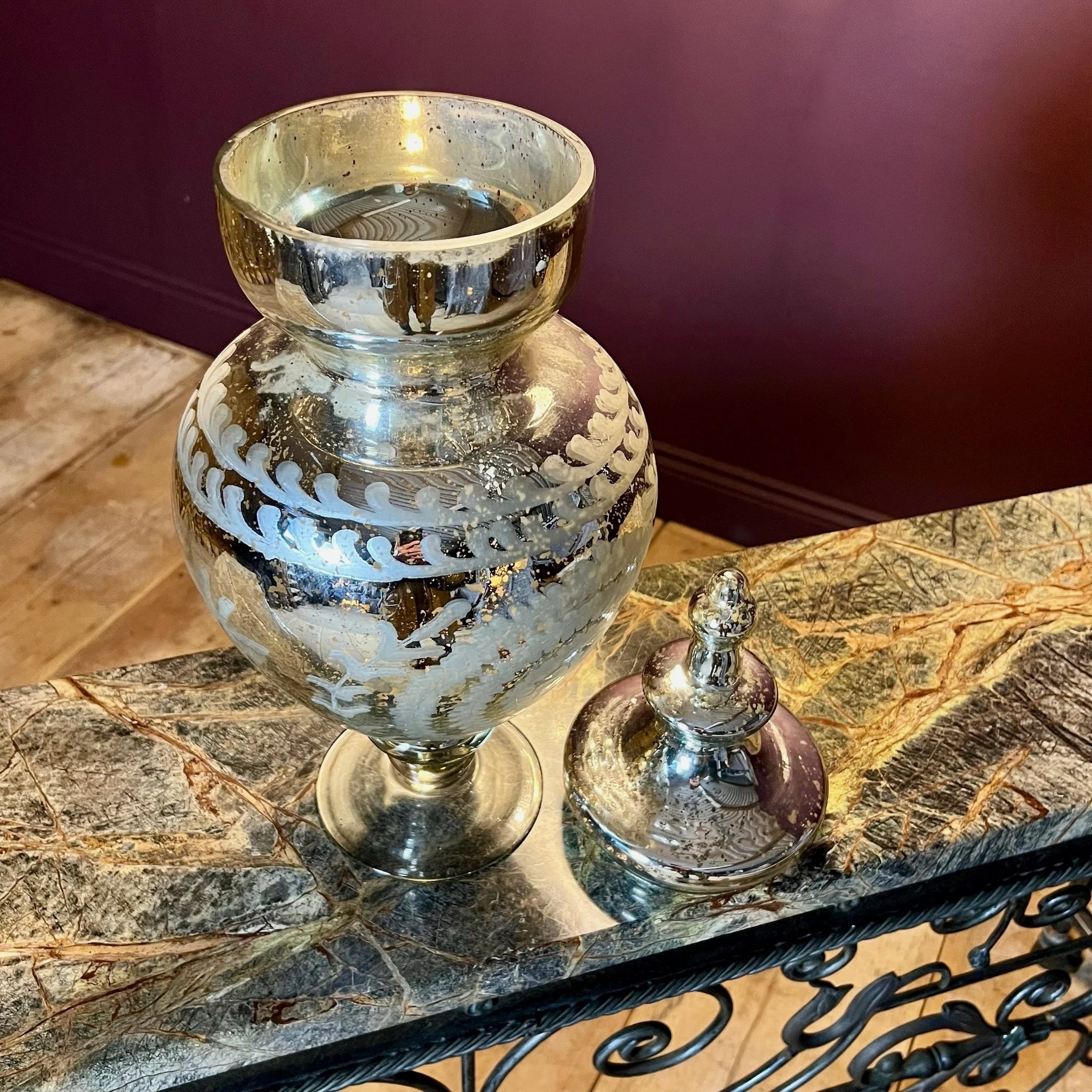 Large partially mirrored glass decorative urn