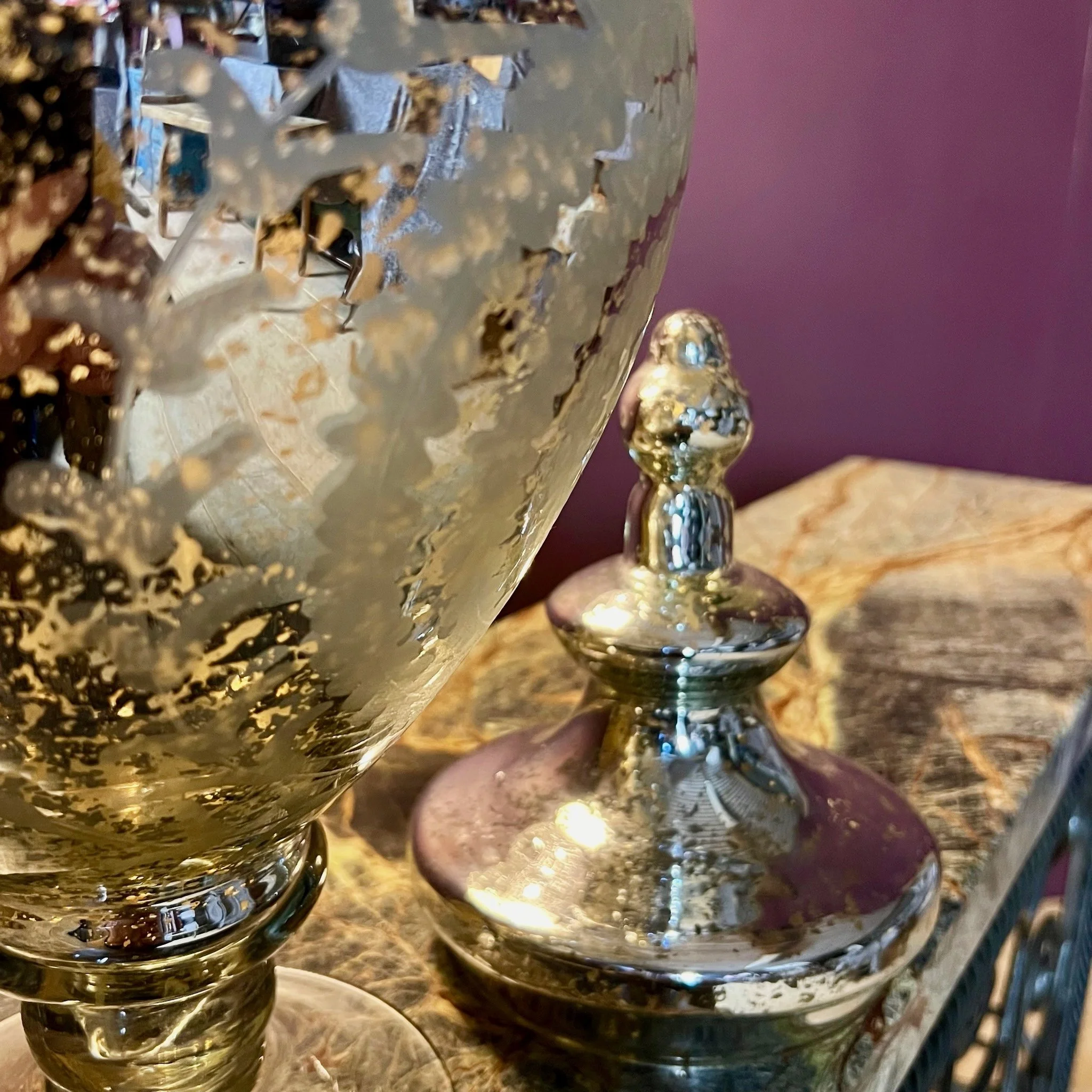 Large partially mirrored glass decorative urn