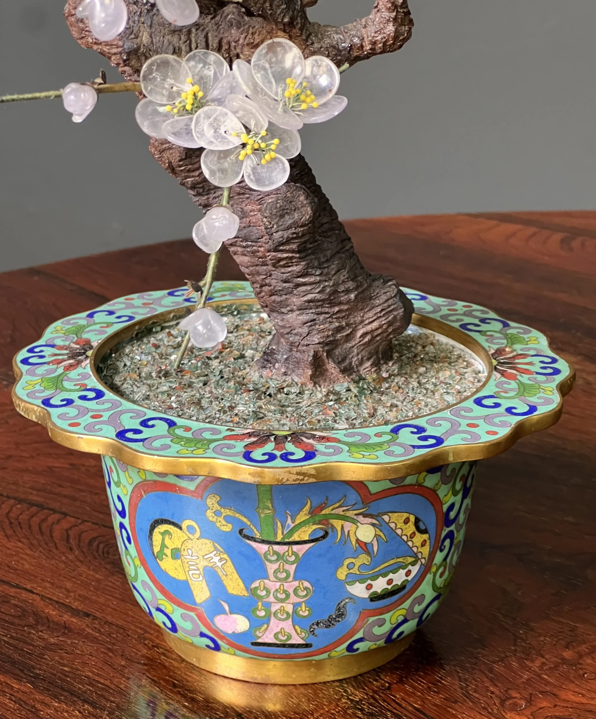 Pair of Antique Chinese Hardstone and Cloisonné Prunus Bonsai Tree
