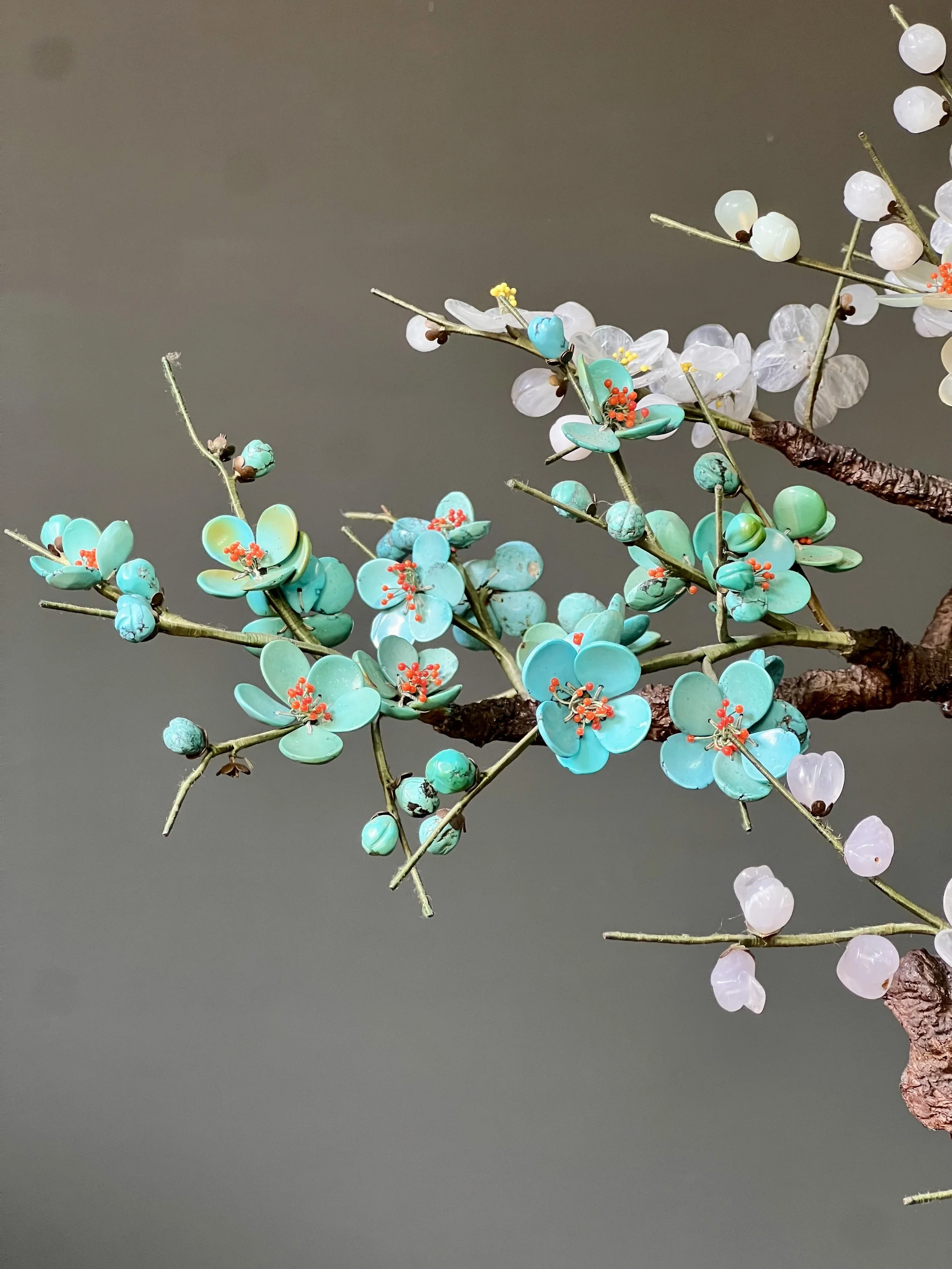 Pair of Antique Chinese Hardstone and Cloisonné Prunus Bonsai Trees