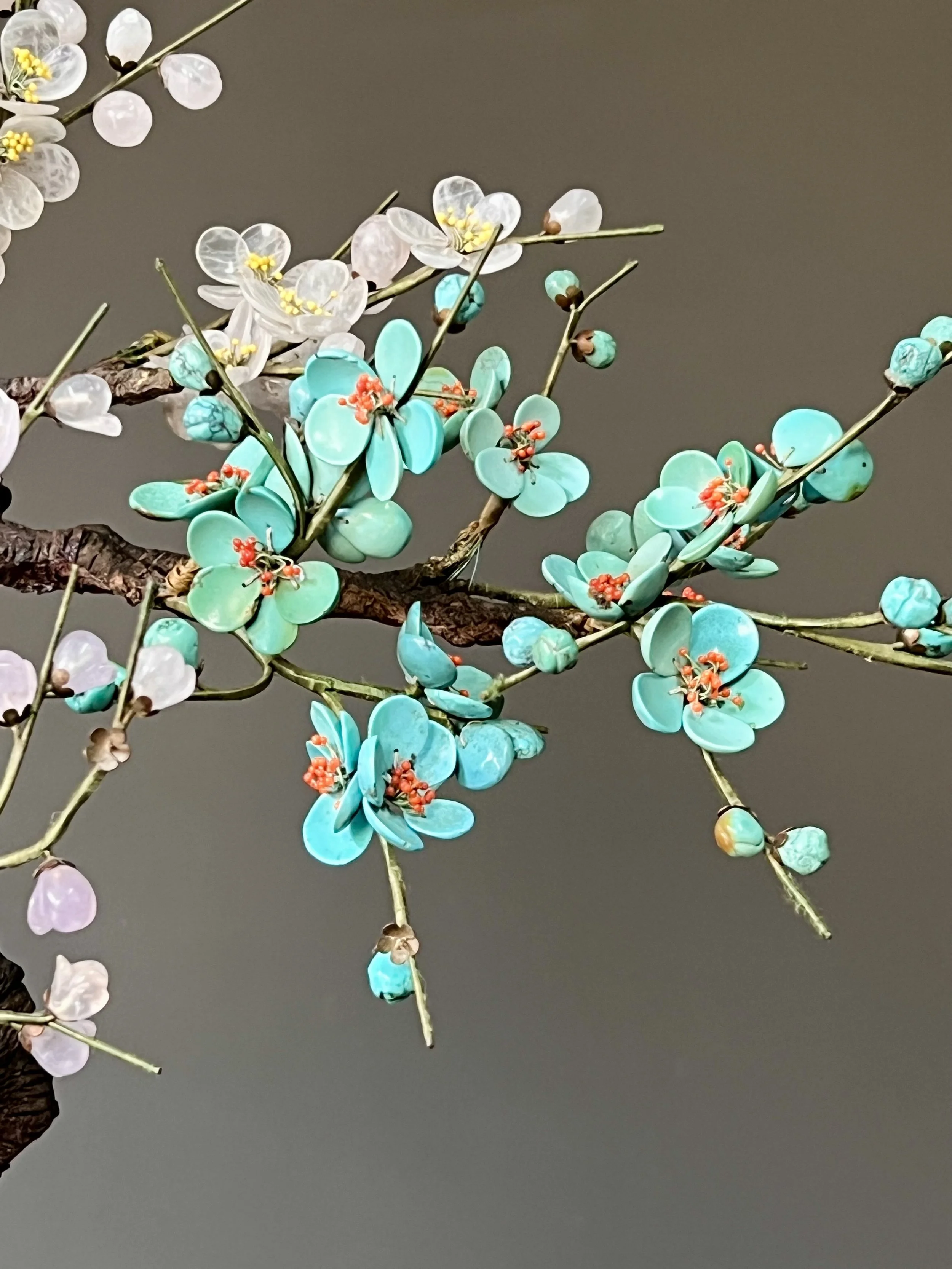 Pair of Antique Chinese Hardstone and Cloisonné Prunus Bonsai Trees