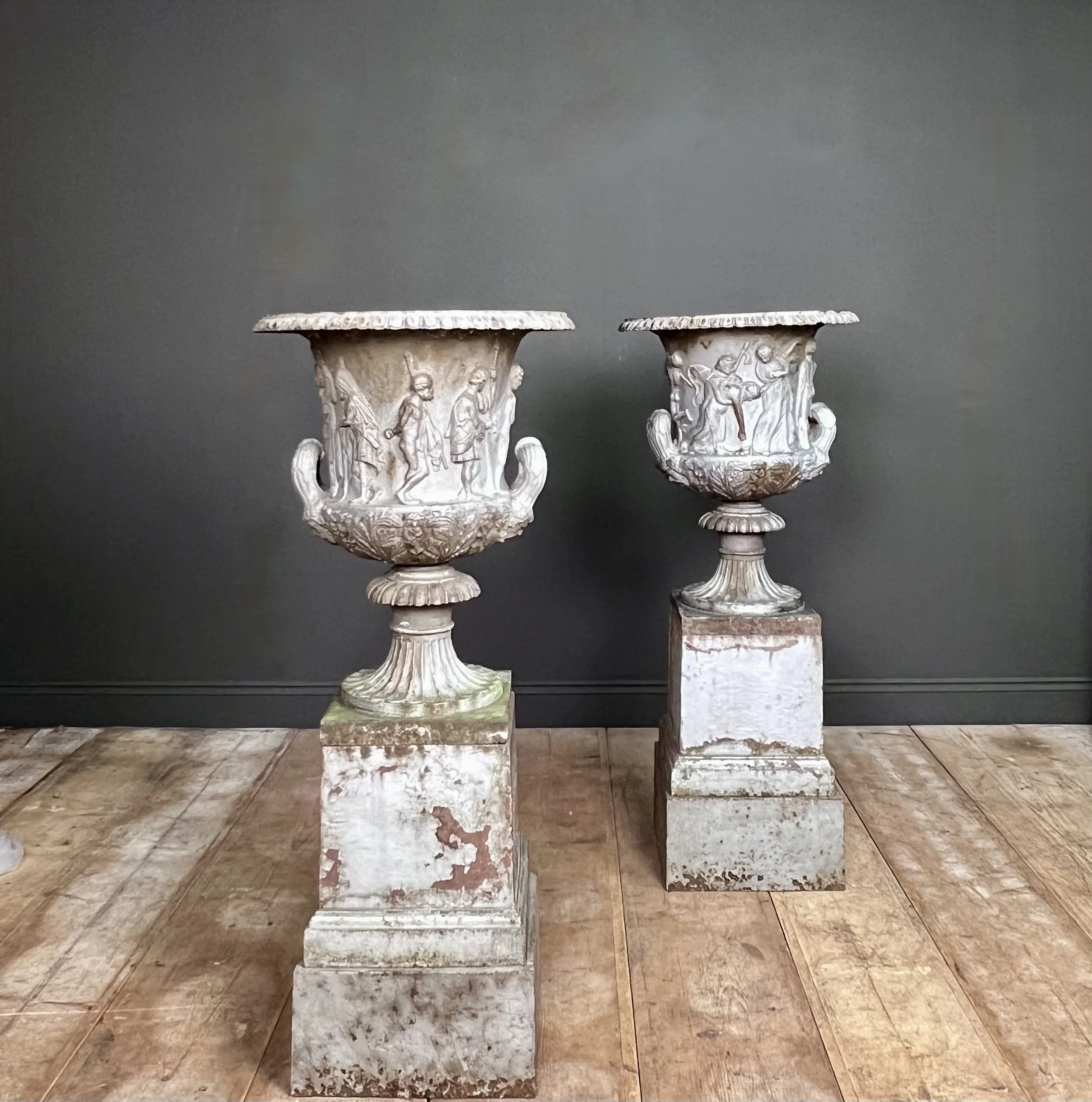 Rare pair of 19th Century cast iron Medici Borghese Urns and stands by Andrew Handyside