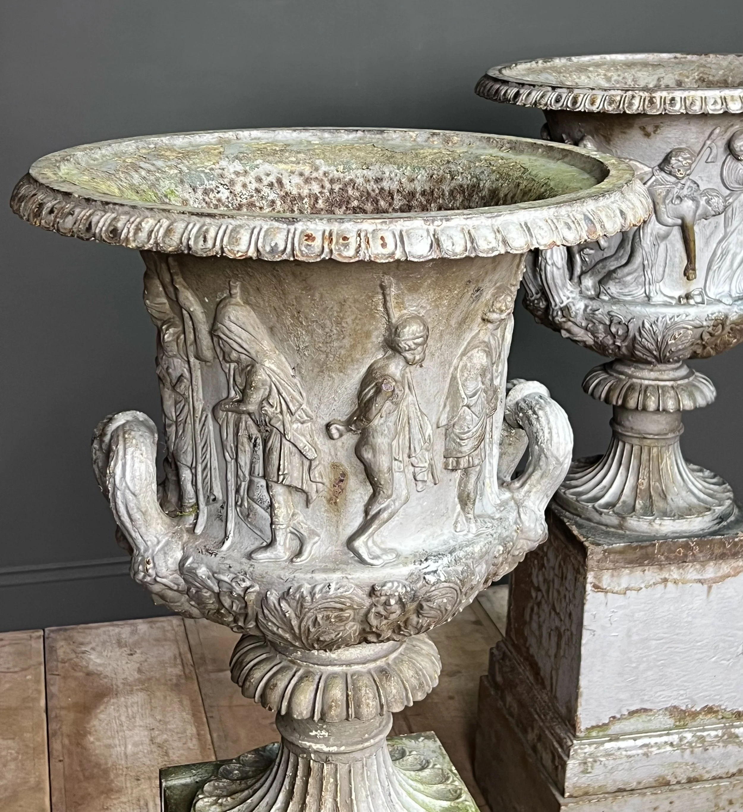 Rare pair of 19th Century cast iron Medici Borghese Urns and stands by Andrew Handyside