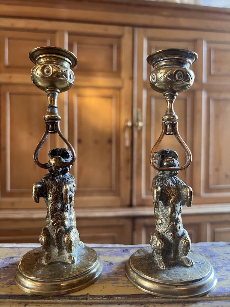 Pair of 19th Century Standing Dog Candlesticks