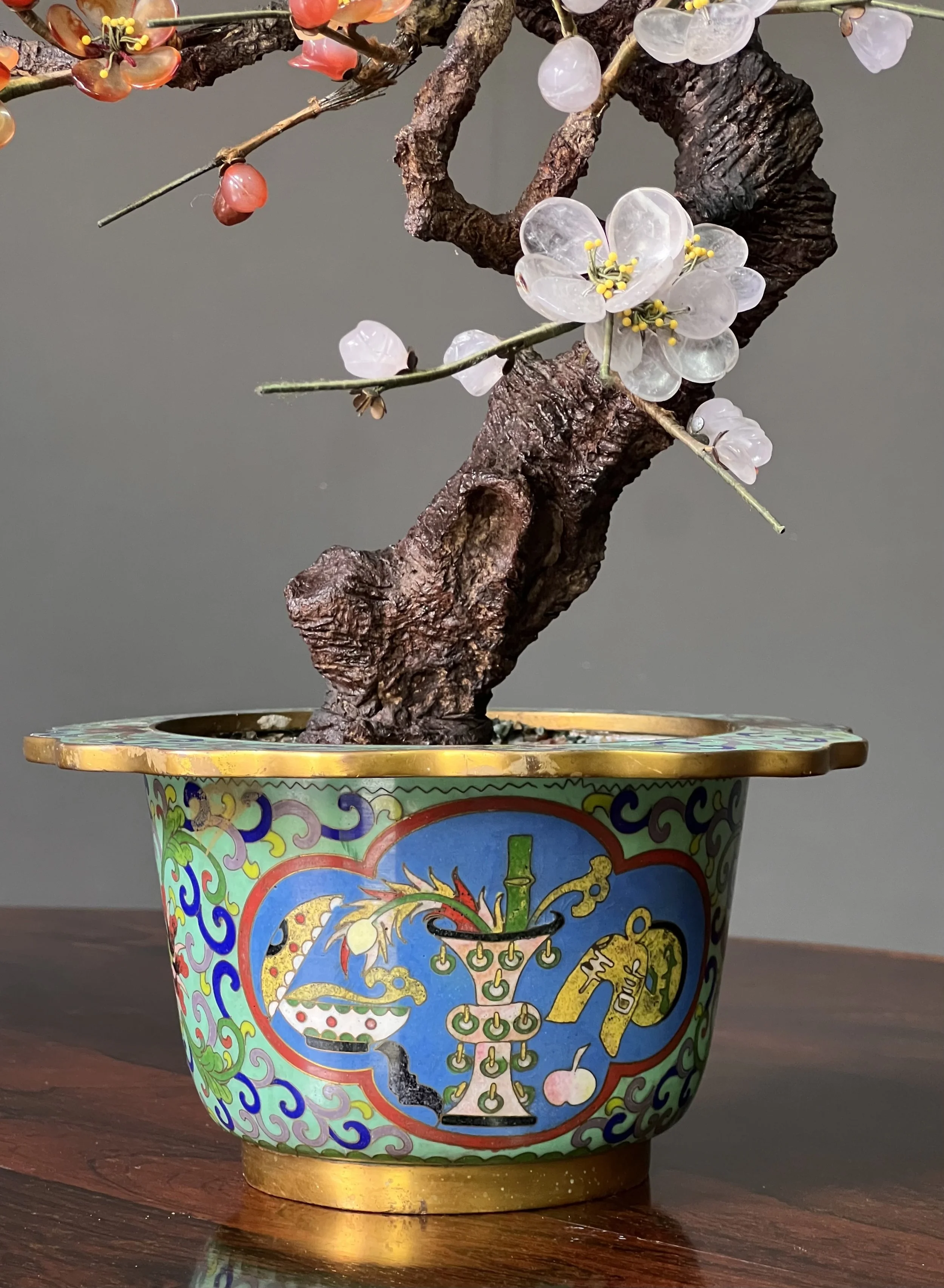 Pair of Antique Chinese Hardstone and Cloisonné Prunus Bonsai Trees