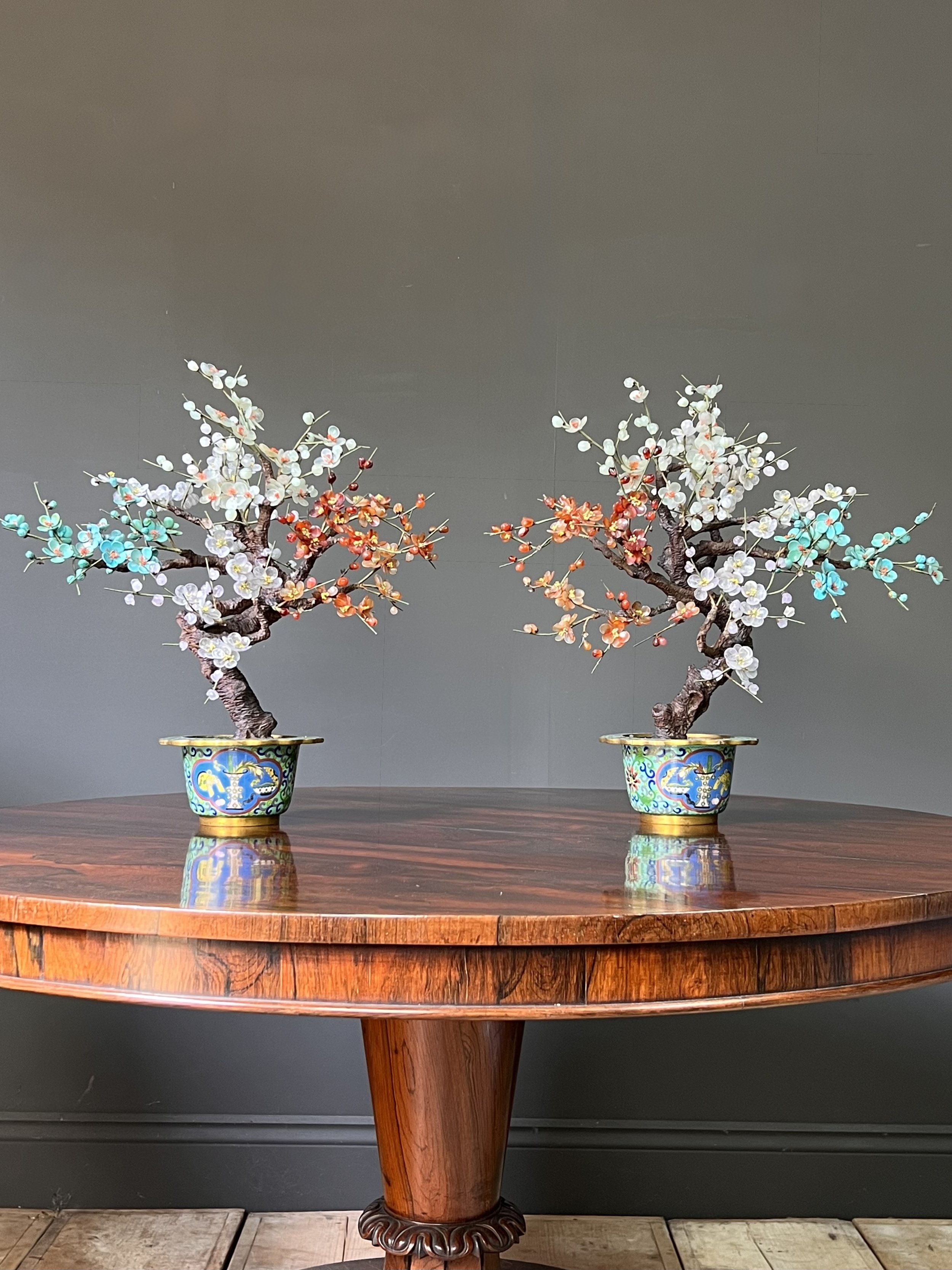 Pair of Antique Chinese Hardstone and Cloisonné Prunus Bonsai Trees