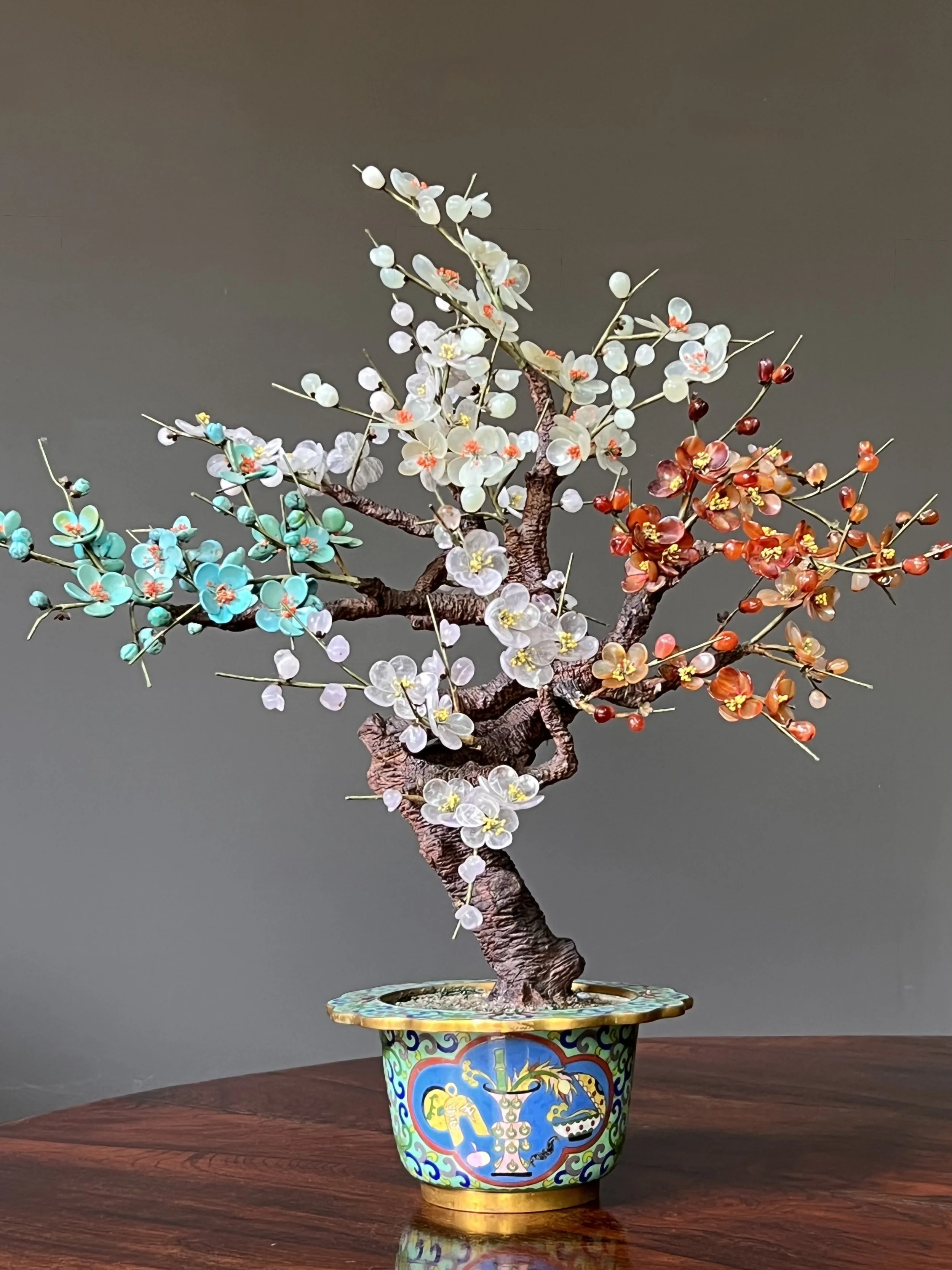 Pair of Antique Chinese Hardstone and Cloisonné Prunus Bonsai Trees