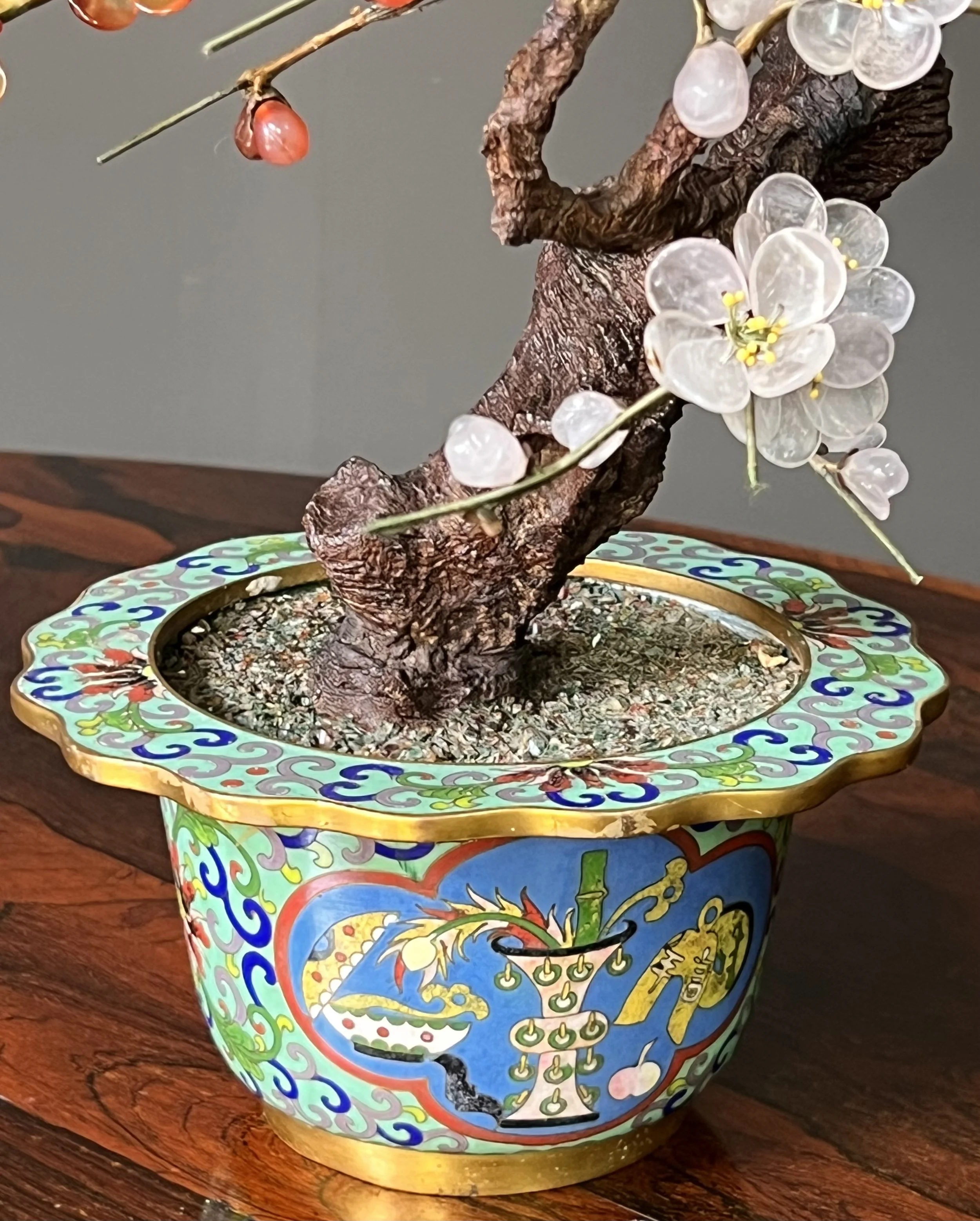 Pair of Antique Chinese Hardstone and Cloisonné Prunus Bonsai Trees