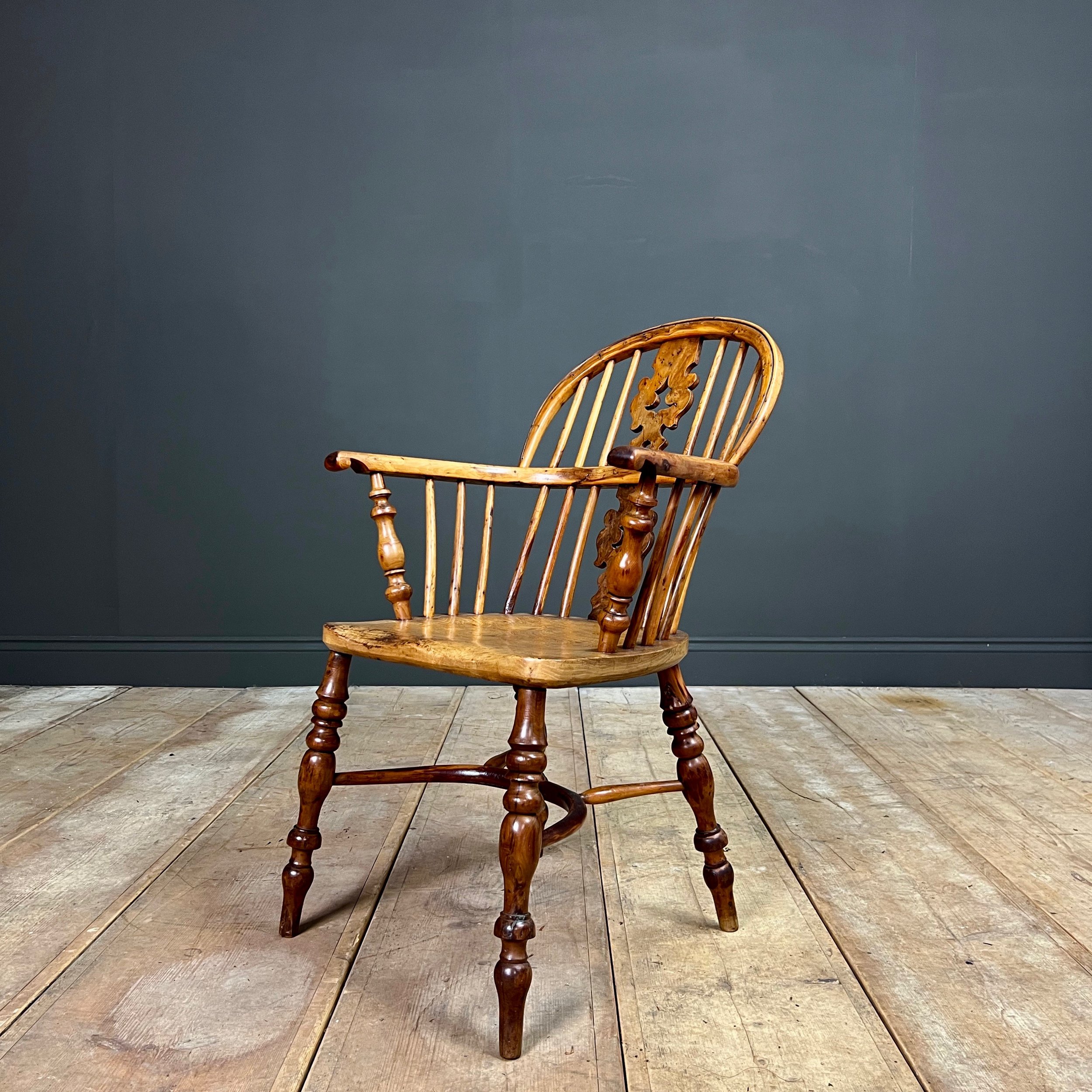 19th Century Yew Windsor Chair wit crinoline stretcher
