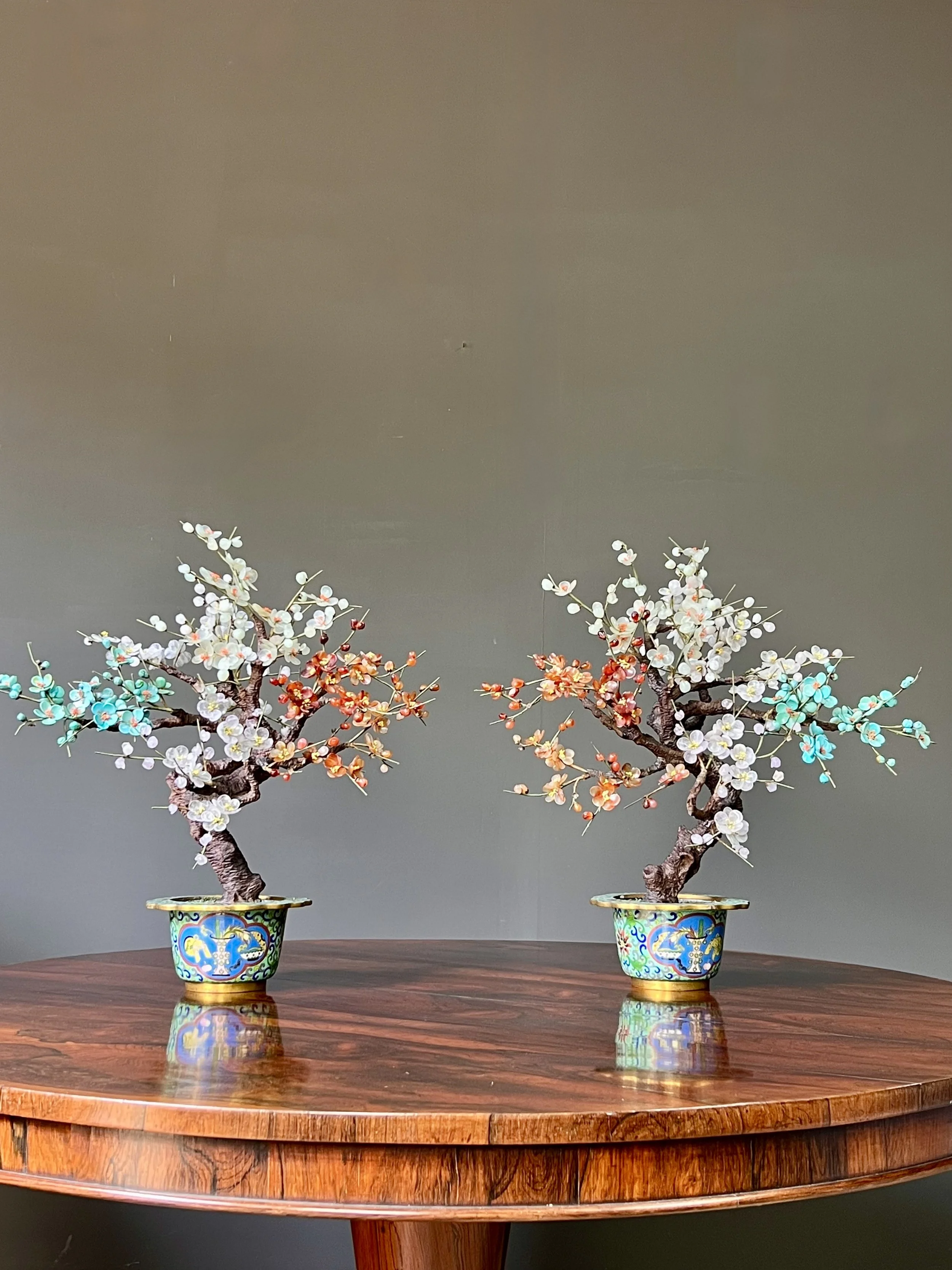 Pair of Antique Chinese Hardstone and Cloisonné Prunus Bonsai Trees