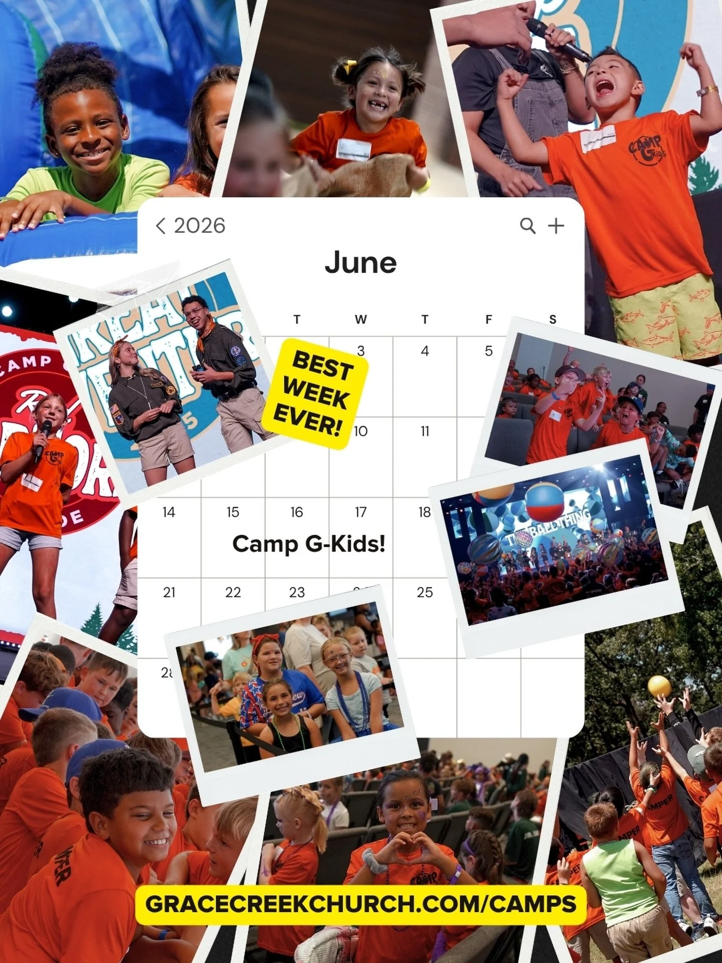 Camp G-Kids is just around the corner! Parents, be sure to register your kiddo for the BEST week of their summer! To learn more, visit gracecreekchurch.com/camps! ☀️🎉