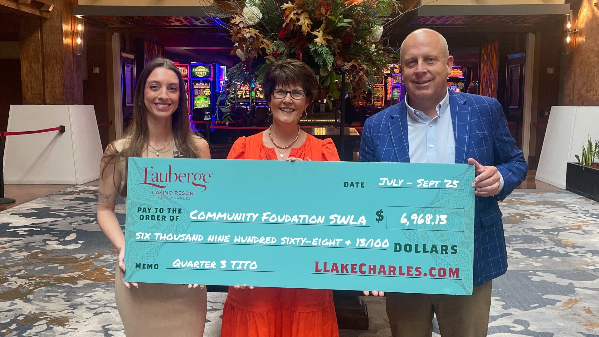 Thanks to the generosity of L&rsquo;Auberge guests, we were presented with a check for $6,968.13 through L&rsquo;Auberge&rsquo;s TITO donation program. Every leftover ticket adds up to connecting people who care with causes that matter🧡