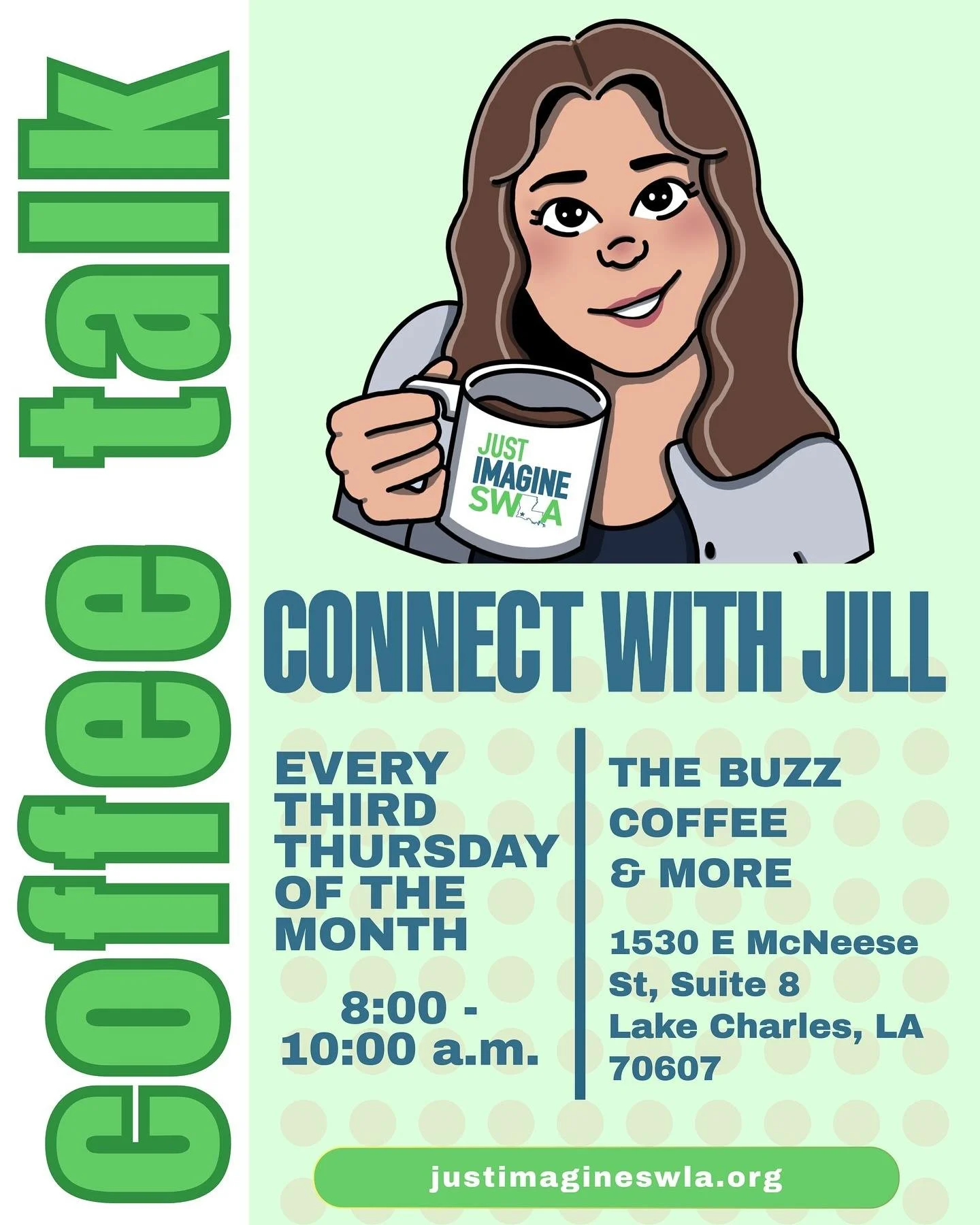 Join Jill, our Director of Civic Initiatives, for Coffee Talk on Thursday, March 19☕

📅 Thursday, March 19 (and every 3rd Thursday of the month)
🕗 8:00 a.m. - 10:00 a.m.
📍 The Buzz Coffee &amp; More
1530 E McNeese St, Suite 8, Lake Charles, LA 706