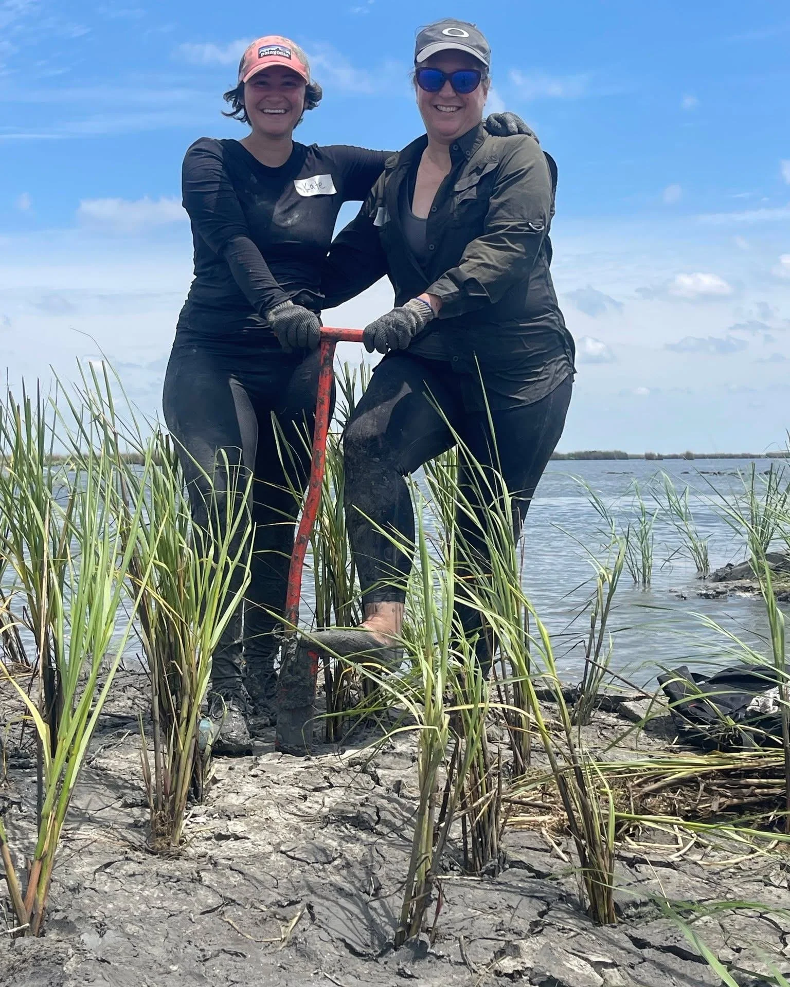 Jill and Kate volunteered in Cameron with Coalition to Restore Coastal Louisiana, spending the day knee-deep in the marsh east of Calcasieu Lake, planting marsh grass. 🌾

This area faced major land loss as a result of the 2020 hurricane season. 

Co