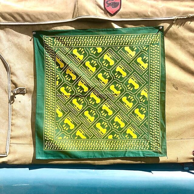 Vermont Rover bandanas up in the shop (link in bio). 22&rdquo;x22&rdquo;, 100% cotton, yellow ink silk screened on green fabric. Border edge with continuous KM2 tire tread. Great for visits to the supermarket while masks are still acceptable. Comes w