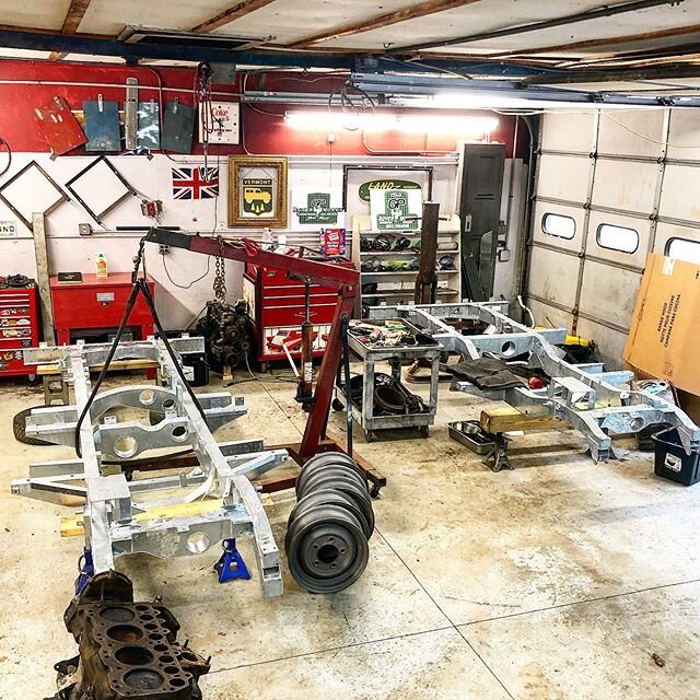 The new galvanized 109 frame is now in the shop next to the 88. It&rsquo;s time to start the rebuild of both. Can&rsquo;t wait to get these rolling chassis rolling. Sand blasted Sankey wheels made their way back today as well. #shoplife #landrover #l