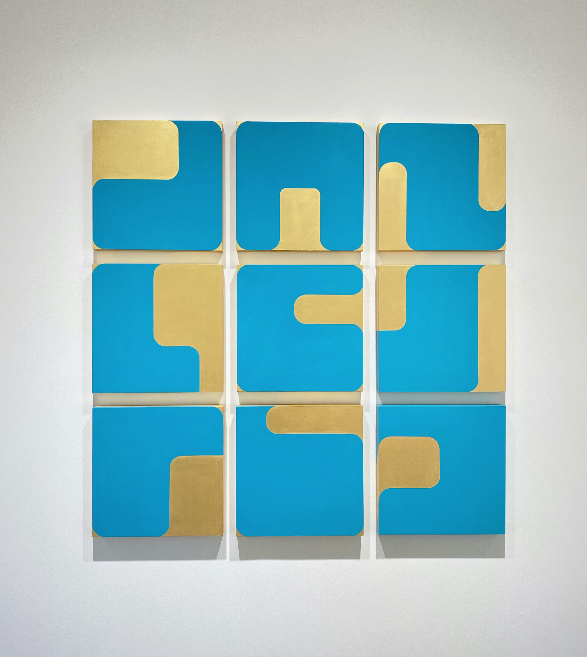   Language of Nature, Teal, Gold,  2015, Acrylic on wood panels, 46 x 46 inches | Composition with 9 wood panels, 14x14 inches each  