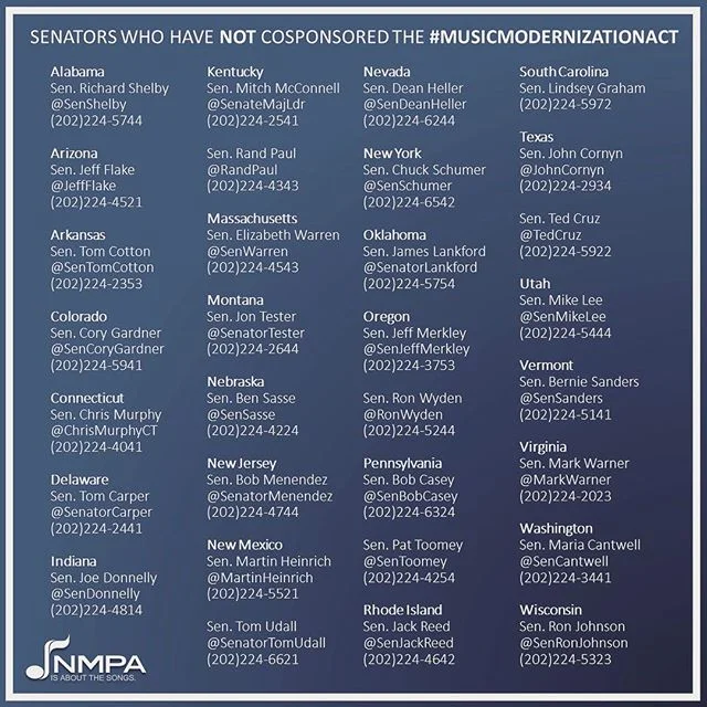 Yesterday we added @marcorubiofla @sen_dansullivan and #SenatorDebbieStabenow !! Up to 68!! 🎶🙌🏼 | #notfinished #keepcalling #songwriters #musicmodernizationact #artist #music #musicfans #copyright #streaming #musicpublishing #musiccreator