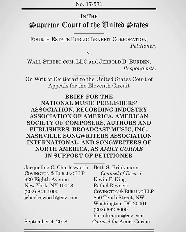 Today #NMPA along with #RIAA @nsaiofficial @ASCAP @bmi and @wearesonala filed an #amicusbrief in the #SupremeCourt to ensure #copyright owners can enforce their rights against infringers without delay &ndash; read the brief here: bit.ly/2MOaWlF