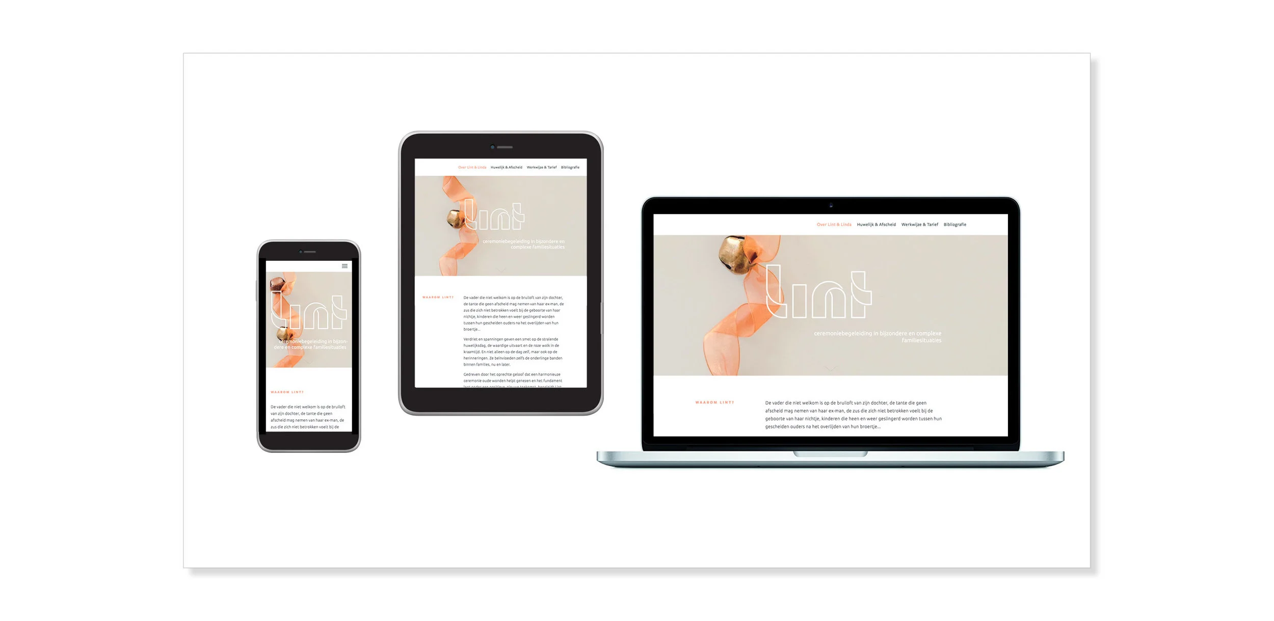  Voor  Lint Ceremonies  verzorgde ik de gehele huisstijl, bestaande uit onder andere logo, briefpapier, visitekaartjes, brochure en website. Lint ontwerpt en begeleidt huwelijks-, geboorte- en afscheidsceremonies in bijzondere en complexe familiesitu