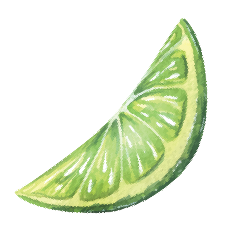 A close-up of a lime wedge showing the green fruit with pulp and rind.