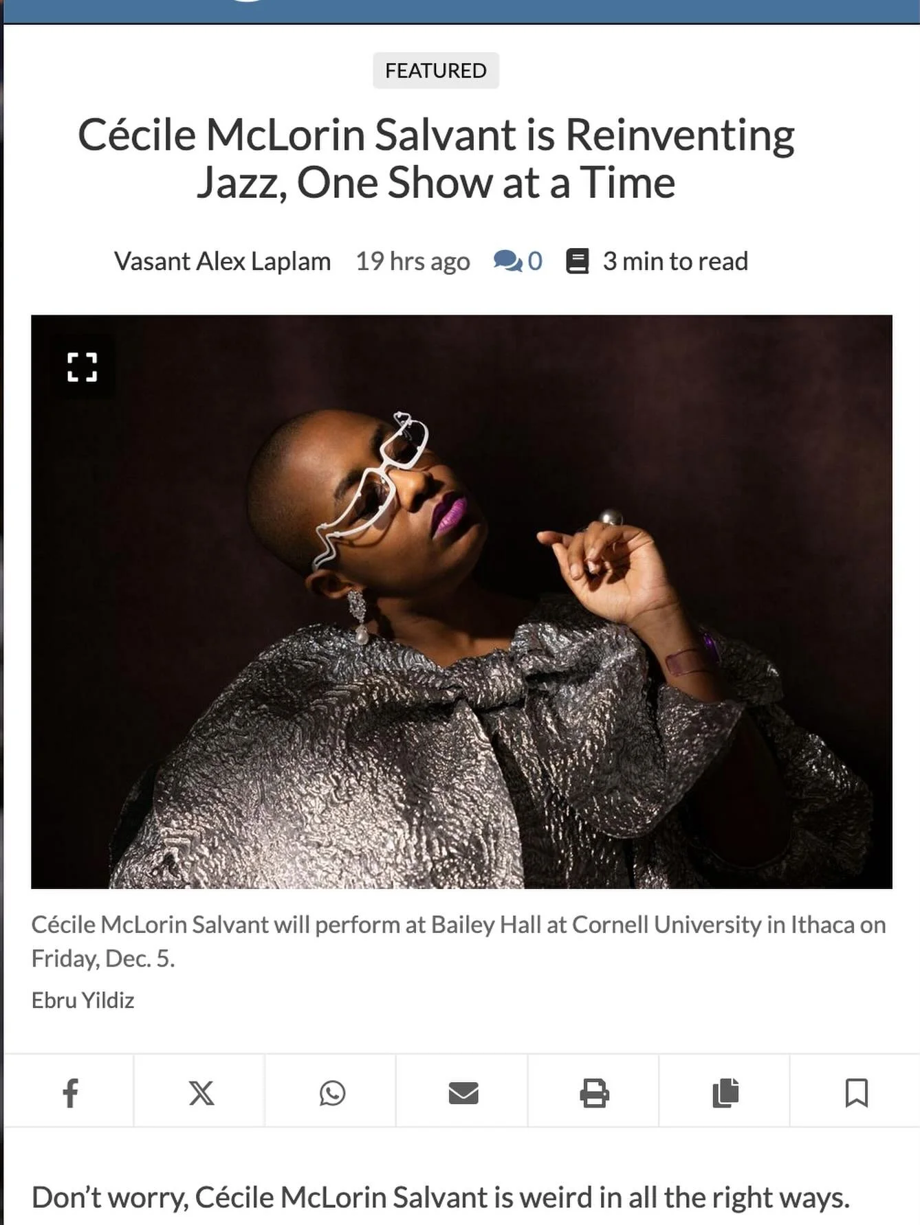 How do you write about a musical genius whose choices are deeply intuitive but also really fun? 🤩 

Read my latest @ithacatimes article about @cecilemclorinsalvant coming to play the @cornellconcertseries! 

#linkinbio 

#livemusic #cornellconcertse