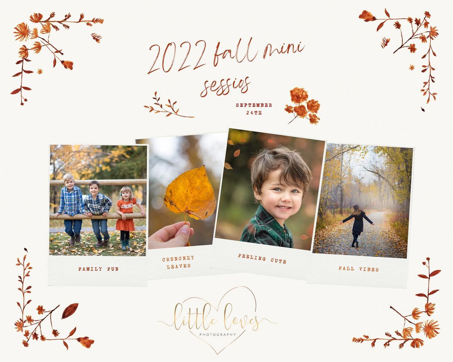Fall minis are here! Same weekend as last year (last Saturday of September). Click the link in my bio for all the details. Hoping to see you soon!
.
.
.
.
.
.
#calgaryfallminis #fallminis #fallminis2022 #yycfallminis #calgaryphotographer #calgaryfami