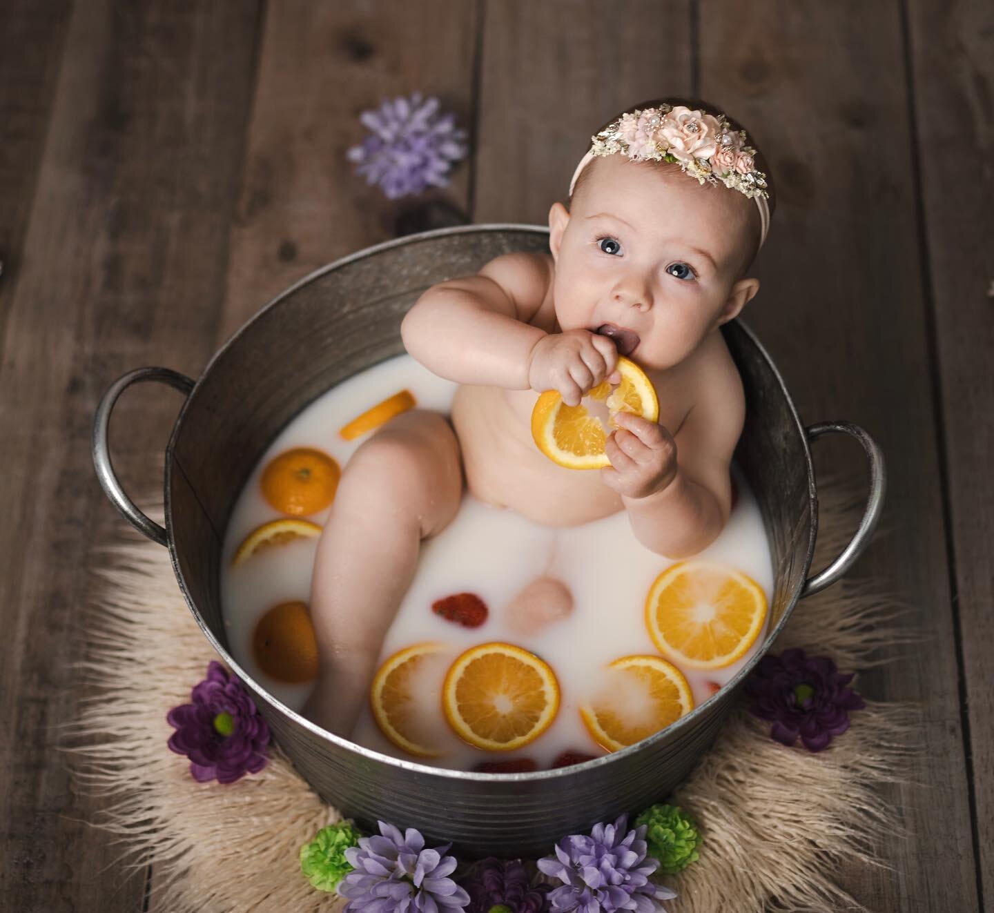 Fruit baths are so cute they are one of my favourite sessions to do! Outdoors is beautiful for these too on a warm day but indoors is preferable since we can control the temperature of the water and the room to make your baby comfortable. 
Hope every