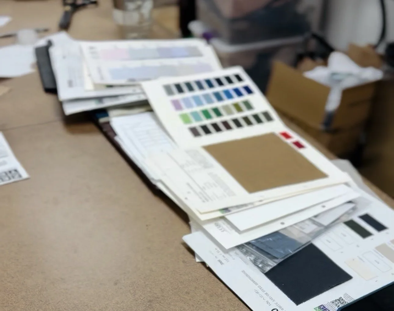 A cluttered desk with color swatch samples, photographs, and printed documents, mostly out of focus.