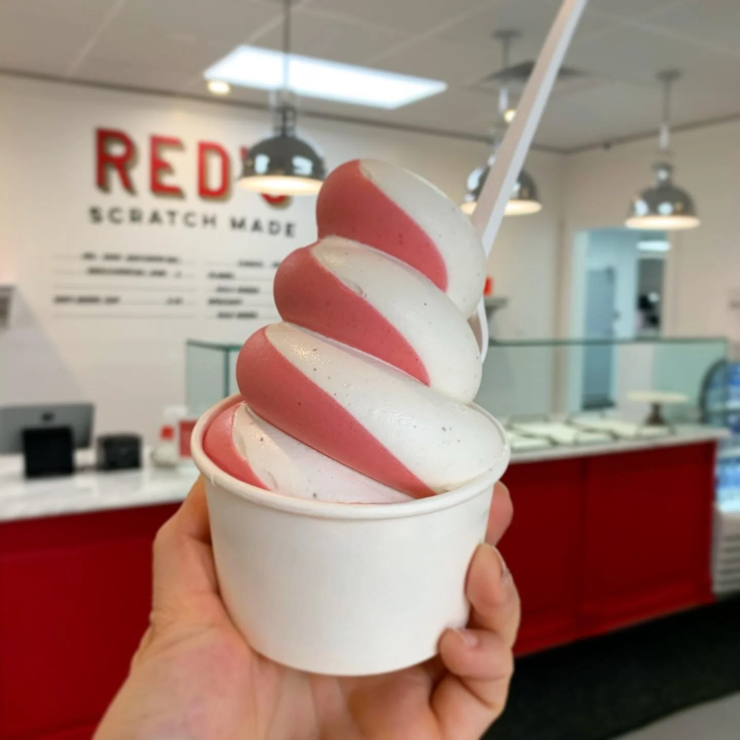 Our raspberry sorbet is the perfect way to brighten this warm and cloudy day! Sweet &amp; a little tart. My favorite so far! 🥰