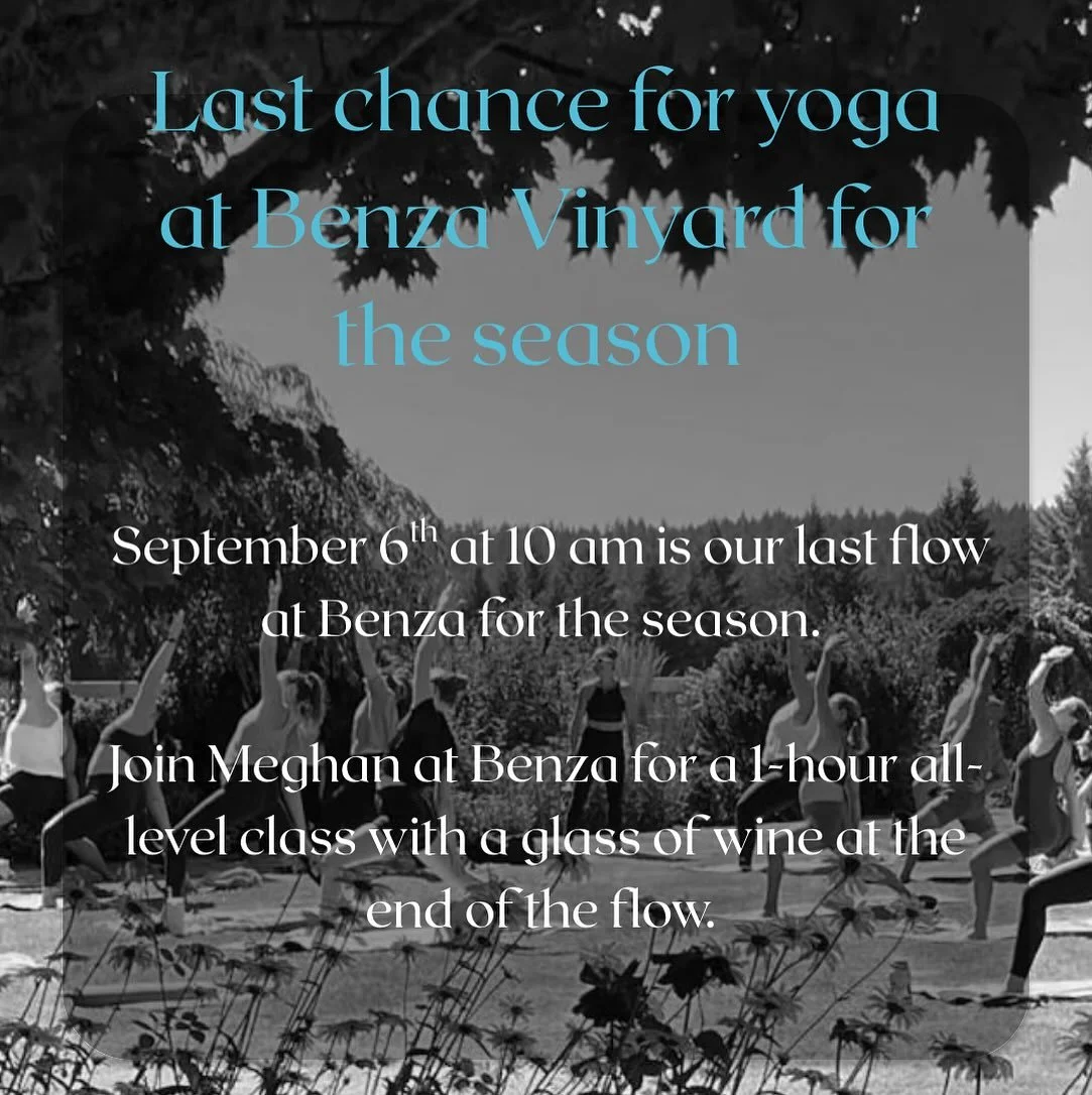 Come join Meghan for one last flow at @benzavineyards September 6th at 10 am. Spots are limited so book now through the link below! 🧘🏼&zwj;♀️🍷

https://www.exploretock.com/benzavineyards/event/550072/class-and-a-glass-yoga