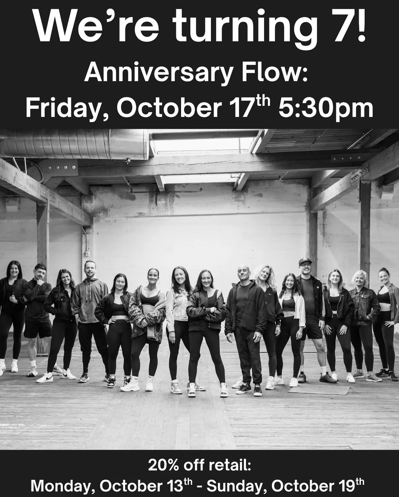 Flow Lab is turning SEVEN! 🪩🎉

🧘&zwj;♀️ Special anniversary Flow: Friday, October 17th at 5:30pm 

✨ 20% off retail: Monday, October 13th - Sunday, October 19th 

🛍️ In studio shopping opportunities from your favorite creatives: Monday, October 1