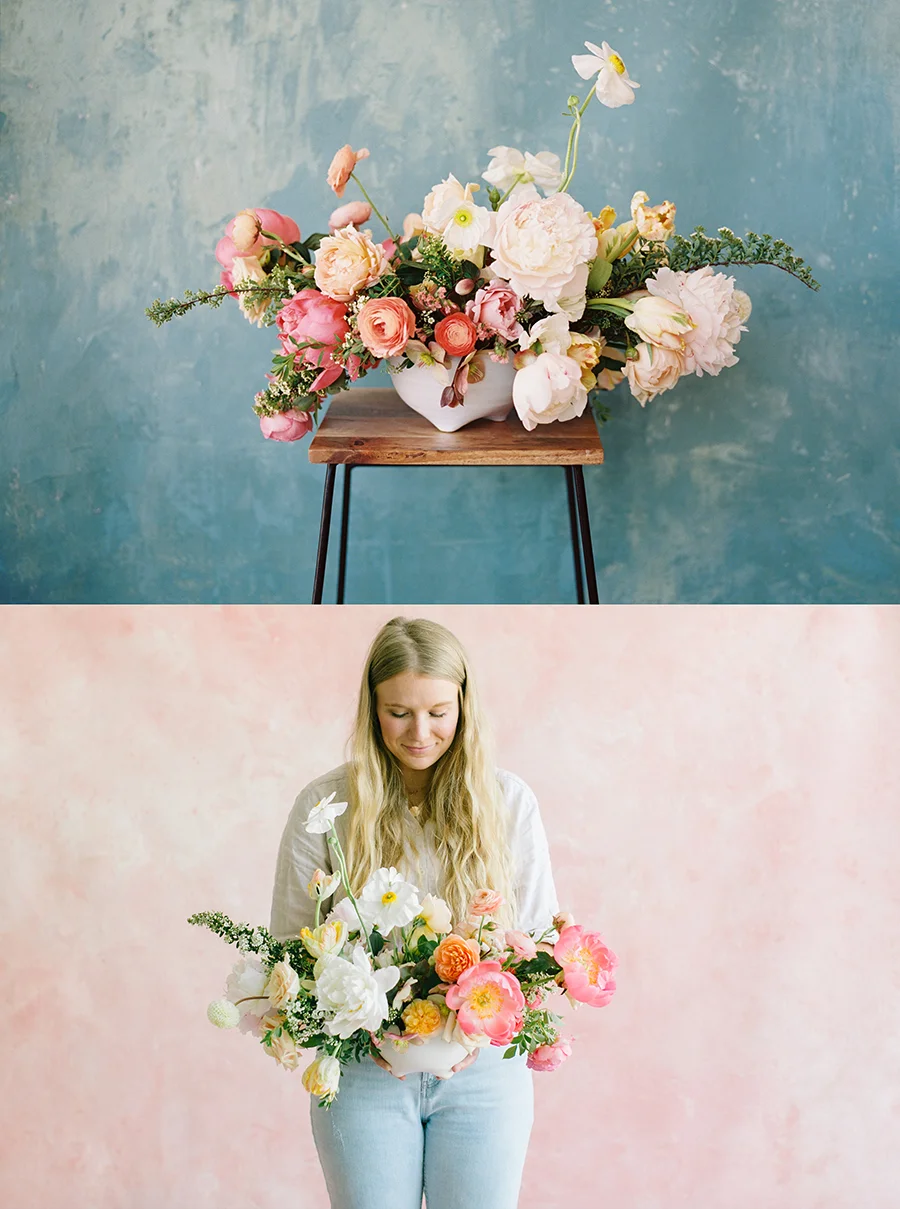 florist holding bouquet in front of a pink custom painted backdrop in white rentable studio in livermore ca.jpg