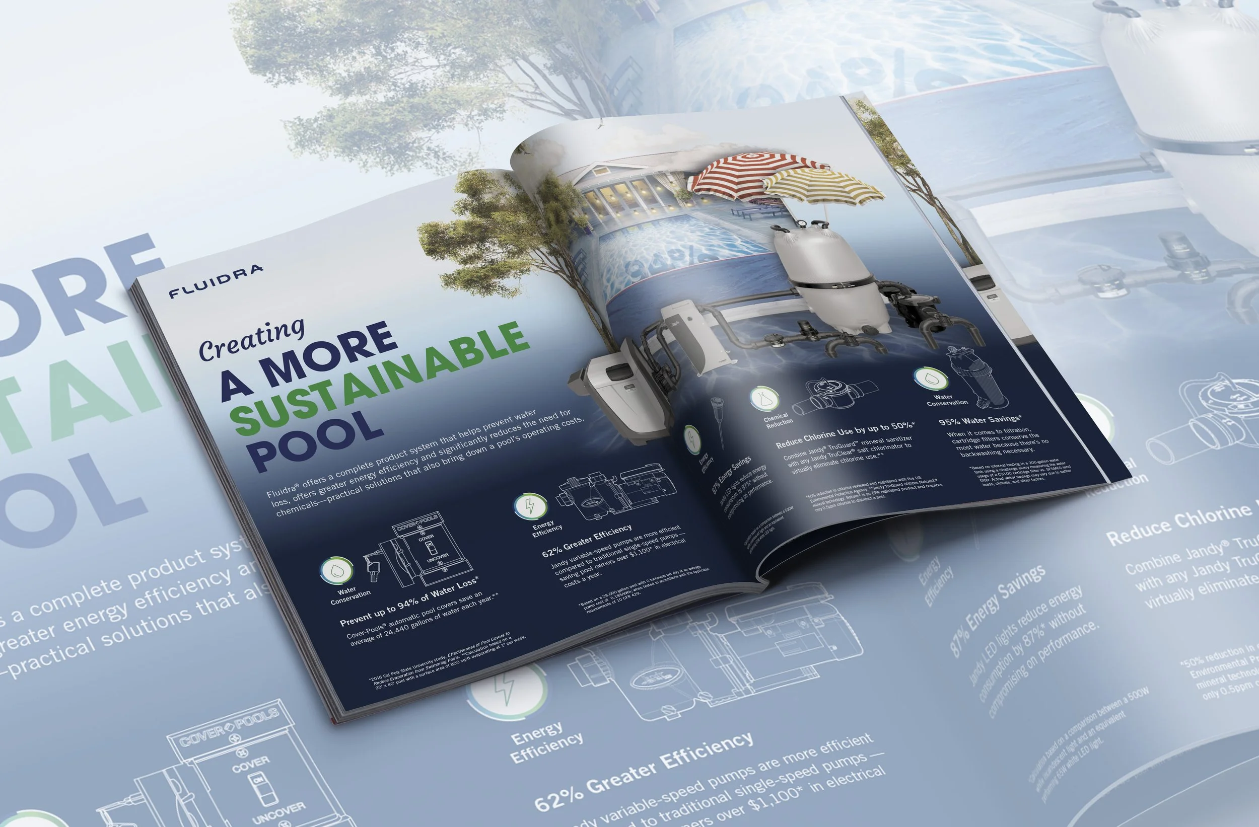 Open magazine showing pool system infographic with diagrams, text about creating a sustainable pool, and an illustration of a pool with umbrellas.