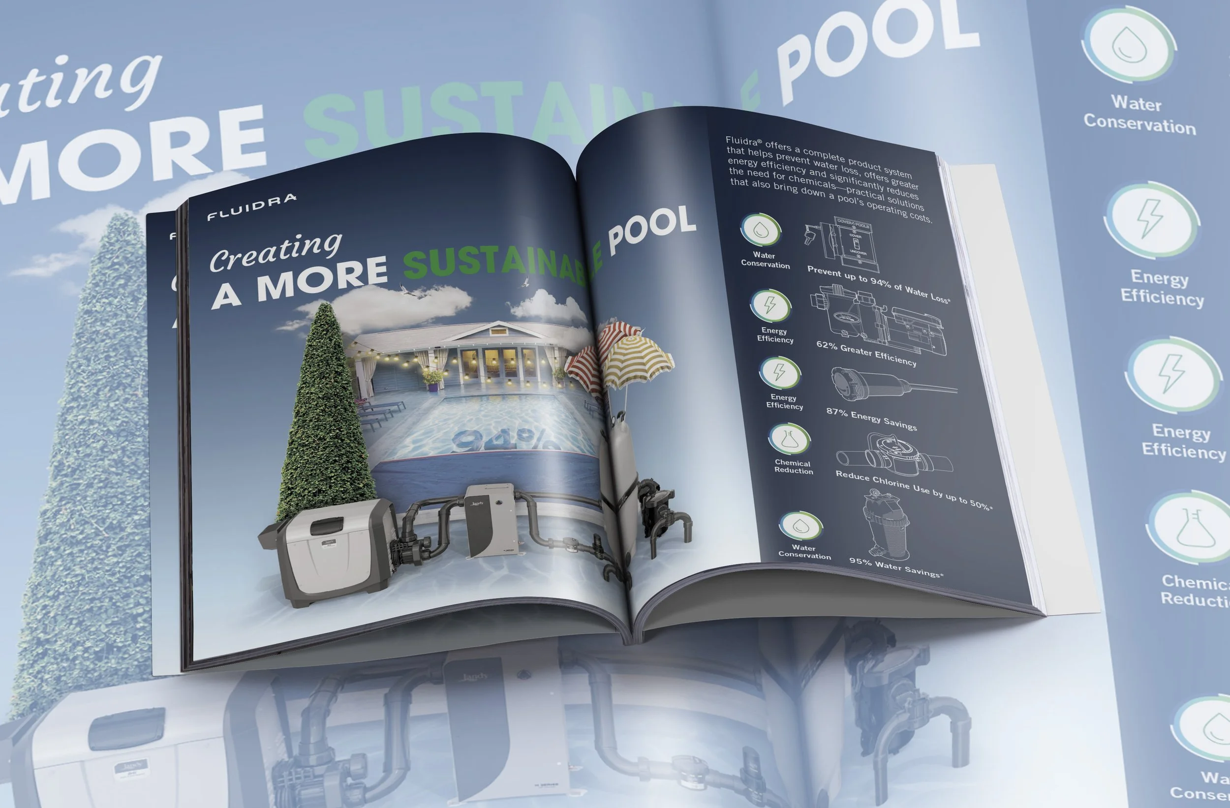 Open magazine with images and text about creating a more sustainable pool, featuring a pool pump system, umbrella, trees, and a house, with icons illustrating water conservation, energy efficiency, and chemical reduction.