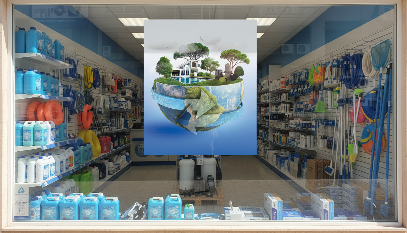 View of a store's interior with cleaning supplies and pool equipment, featuring a central holographic display depicting a floating island with trees, a house, waterfalls, and a green arrow.