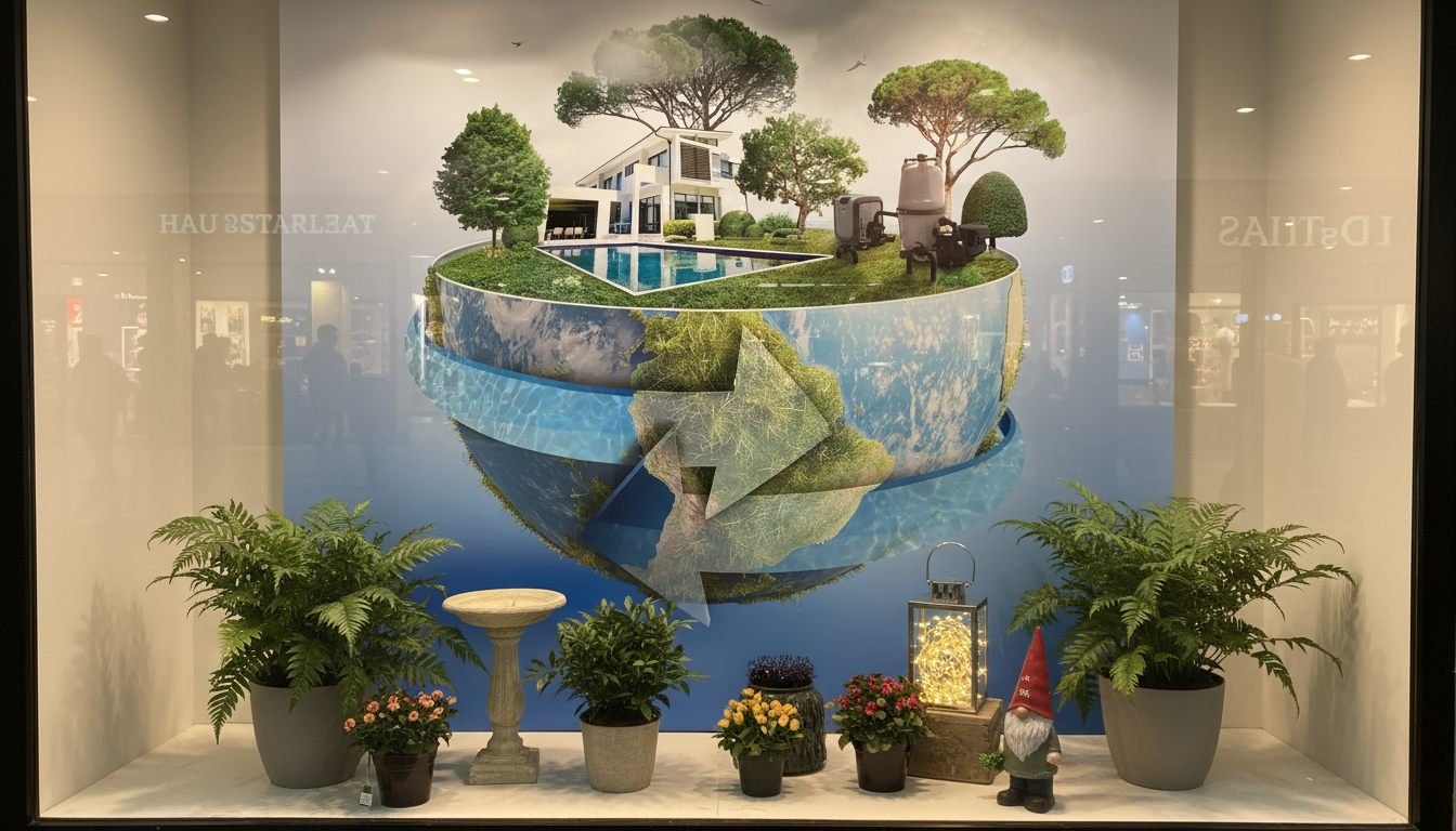 A shop window display with a miniature landscape scene, showing a modern house with a swimming pool, trees, and outdoor furniture on a round platform. The backdrop features a floating Earth with water and landmasses, giving an impression of the scene being on the planet. Potted plants and decorative items, including a gnome figure, are arranged at the base of the display.
