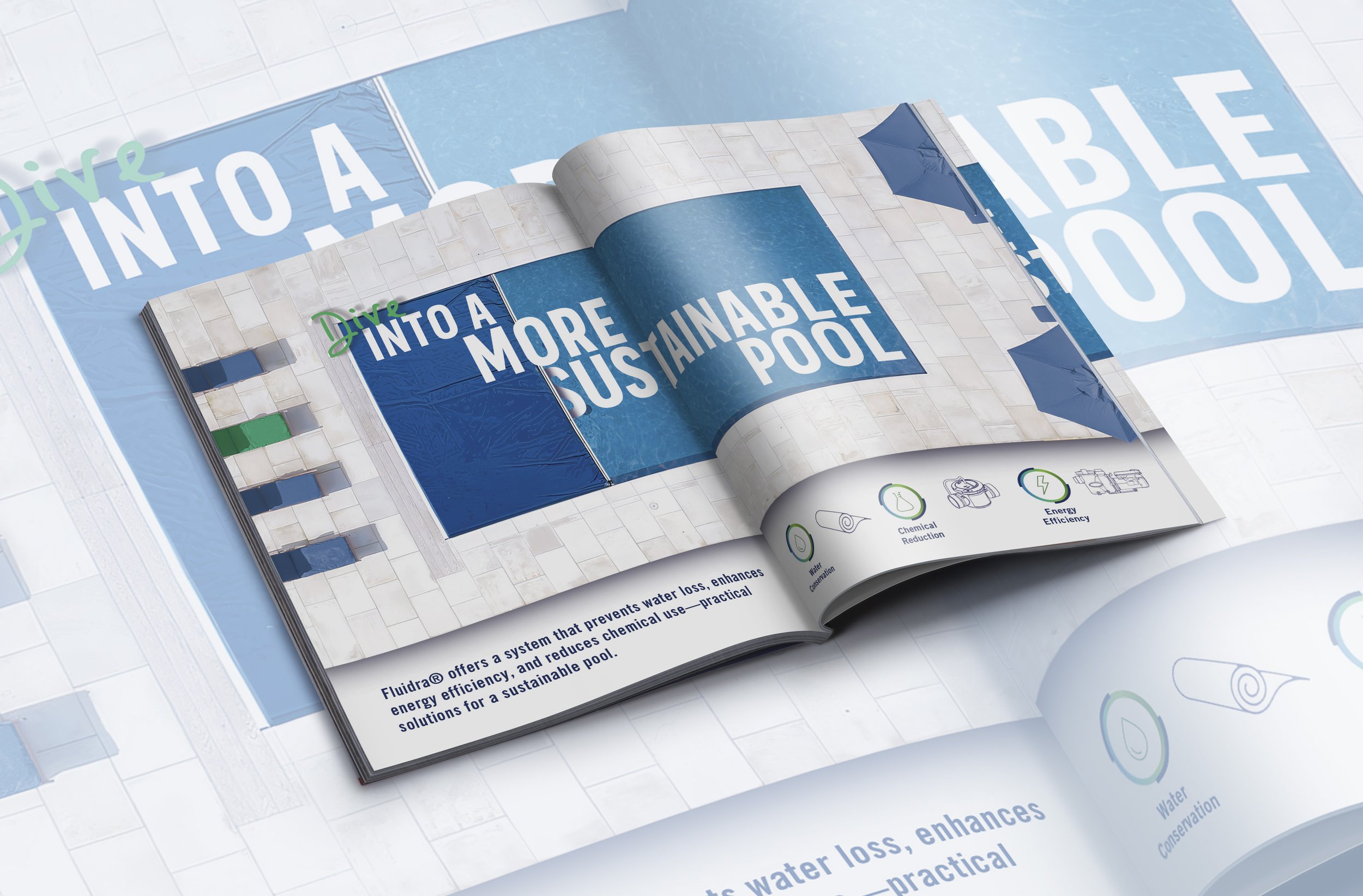 Open magazine showcasing a page with the headline "Dive into a more sustainable pool," featuring an aerial view of a swimming pool and icons highlighting water conservation, chemical reduction, and energy efficiency.