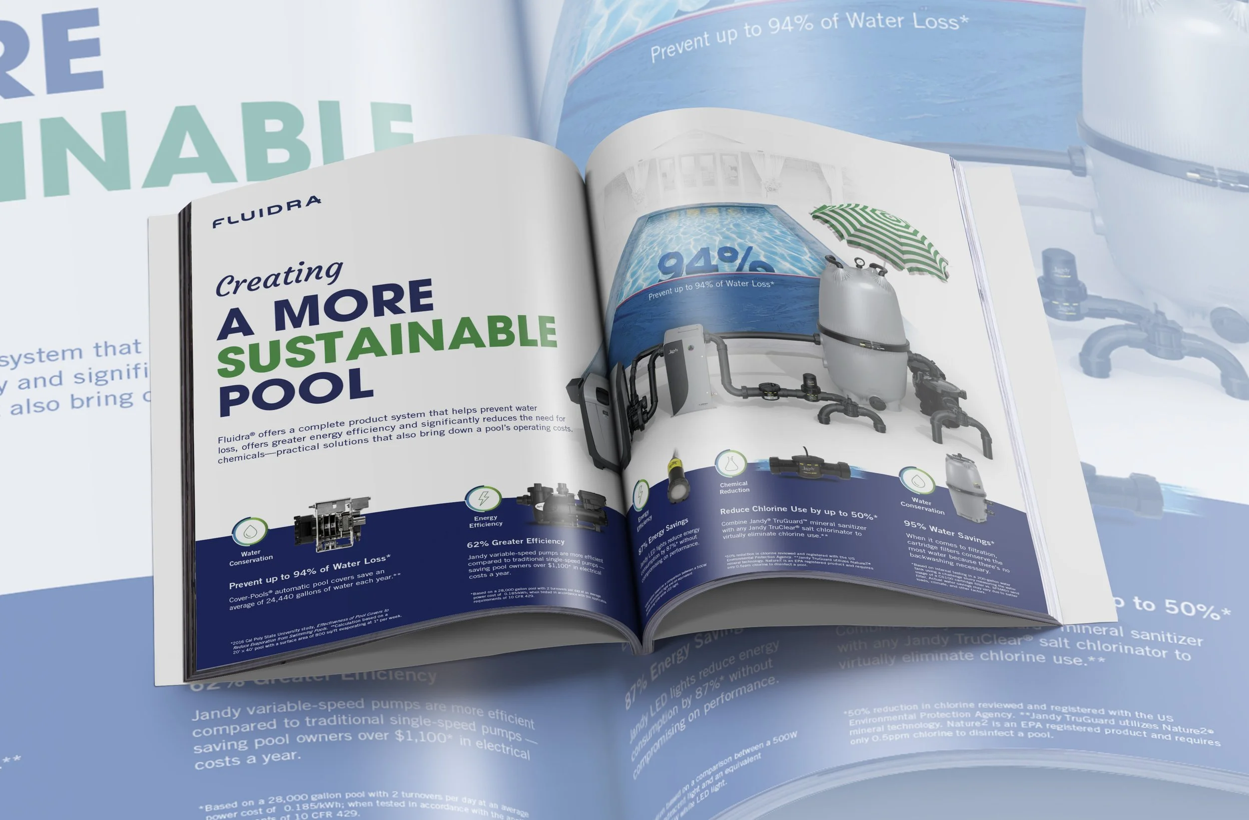 Open magazine showing a page about creating a sustainable pool, with images of pool equipment, chlorinator, and a pool with water features.