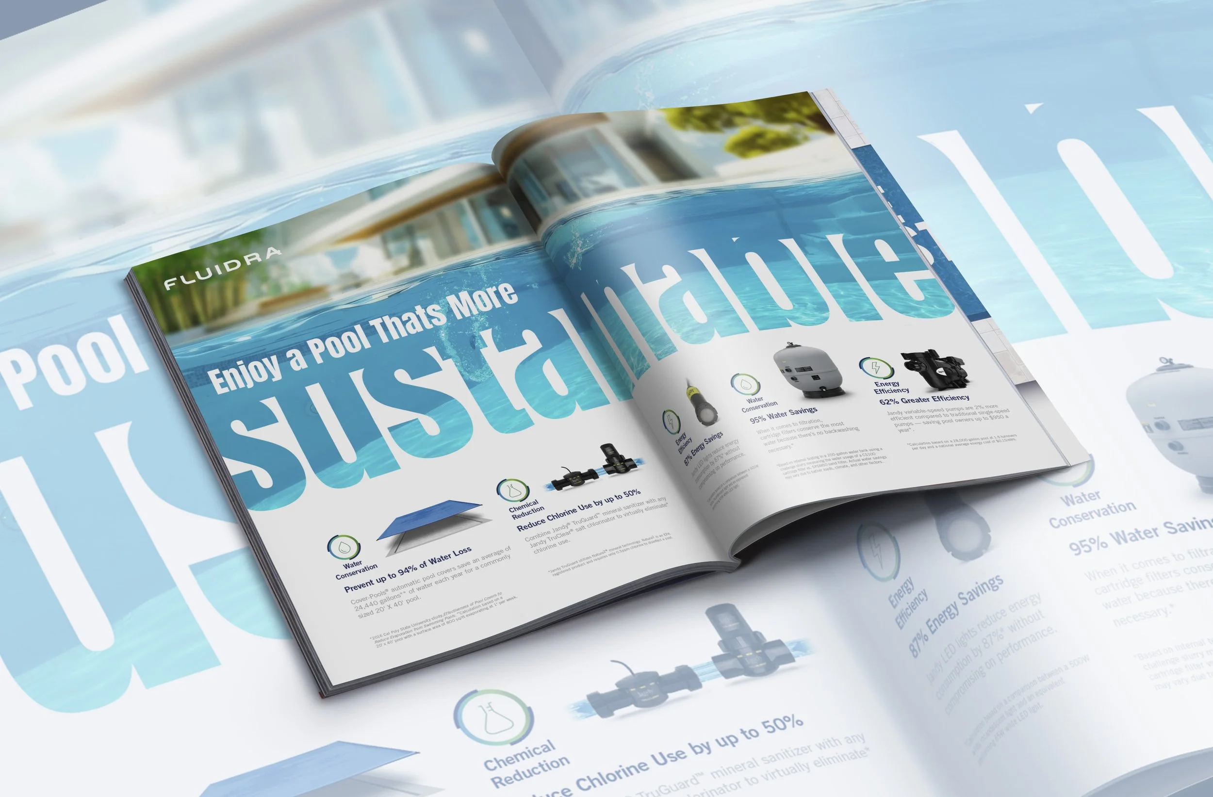 Open magazine showing a page with text and images promoting pool sustainability, including keywords like 'Prevent up to 94% of Water Loss,' 'Reduce Chlorine Use by up to 50%,' and images of pool equipment and water.