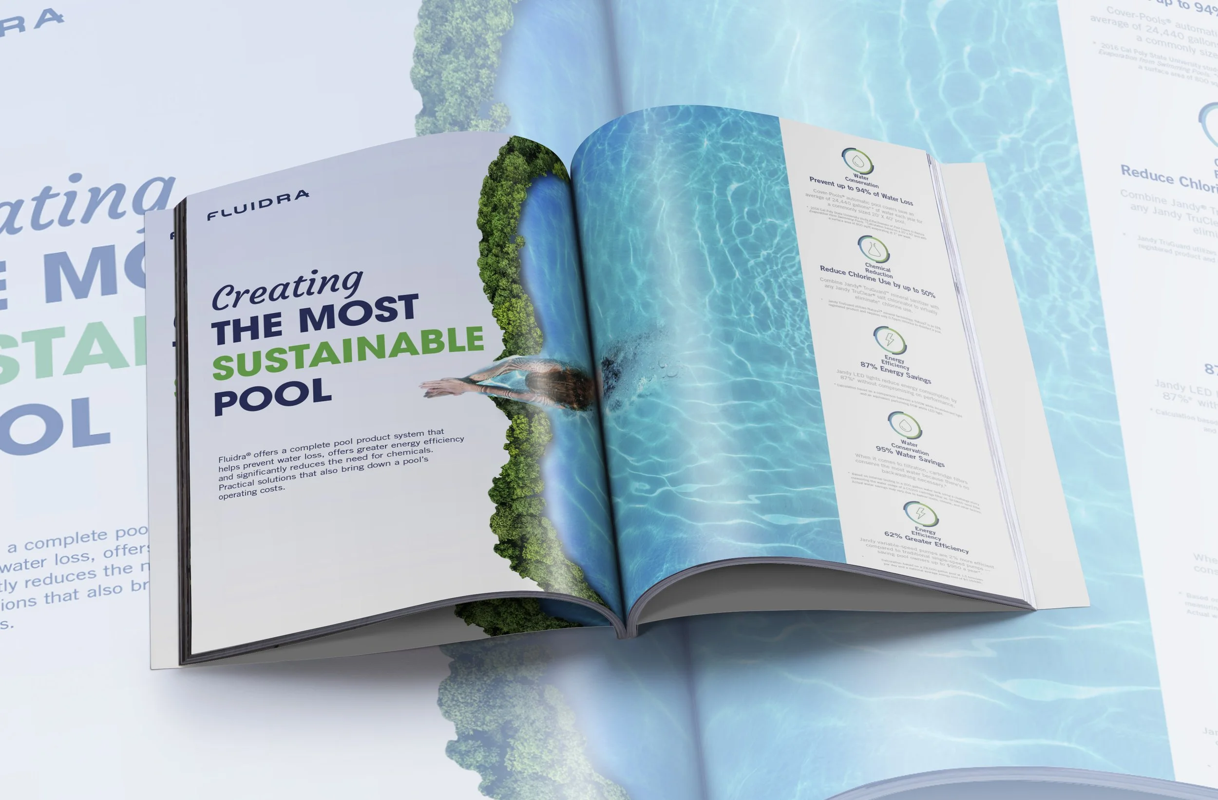 Open brochure with the heading 'Creating the most sustainable pool' featuring a photo of a swimming pool, greenery, and a swimmer, showcasing benefits of a water product system.