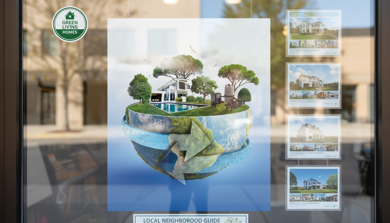 A window display with a sign that says 'Green Living Homes' showing an eco-friendly home surrounded by trees, grass, a swimming pool, and a solar panel, all on a small, rounded section of land floating above water, symbolizing environmental sustainability.