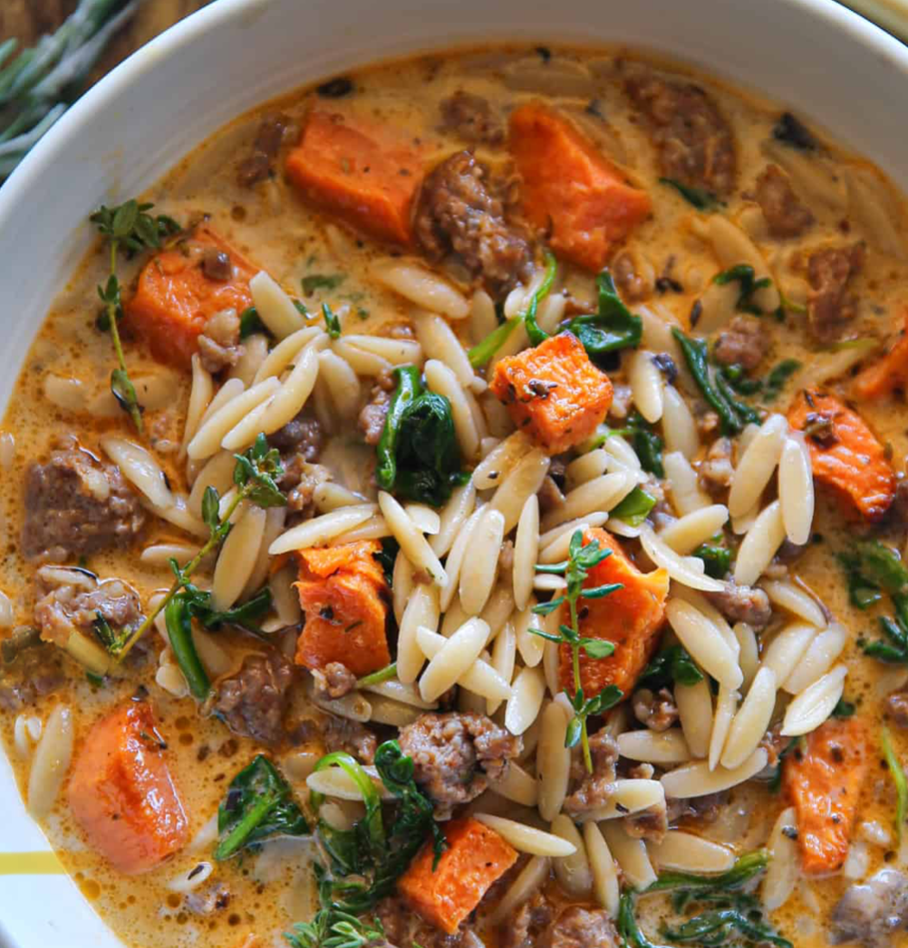 Butternut Squash, Spinach, and Spicy Sausage Soup with Orzo Recipe 