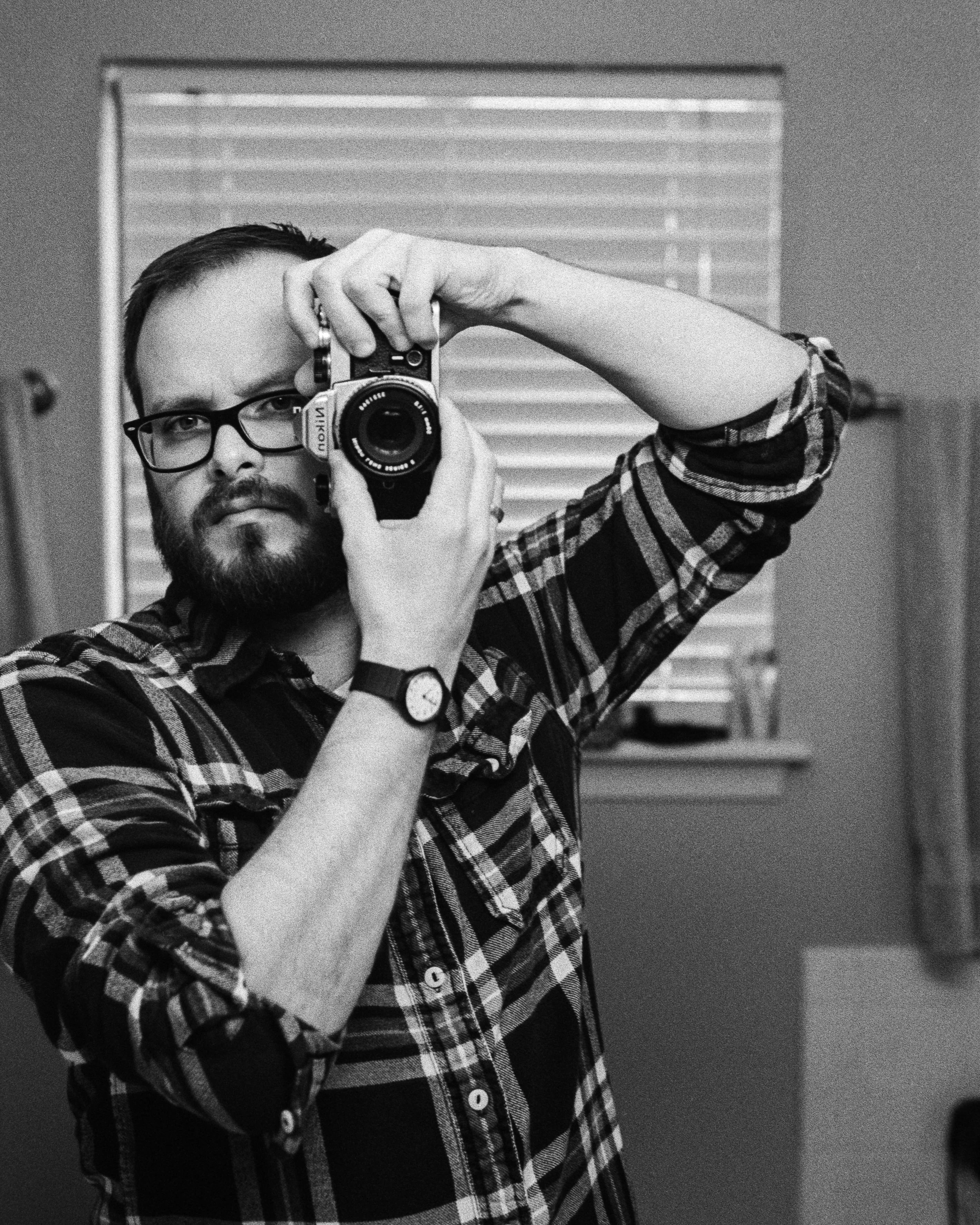 Self-portrait, Nikon FM, Kodak Tri-X 400 at 1600, developed in 1:50 Rodinal
